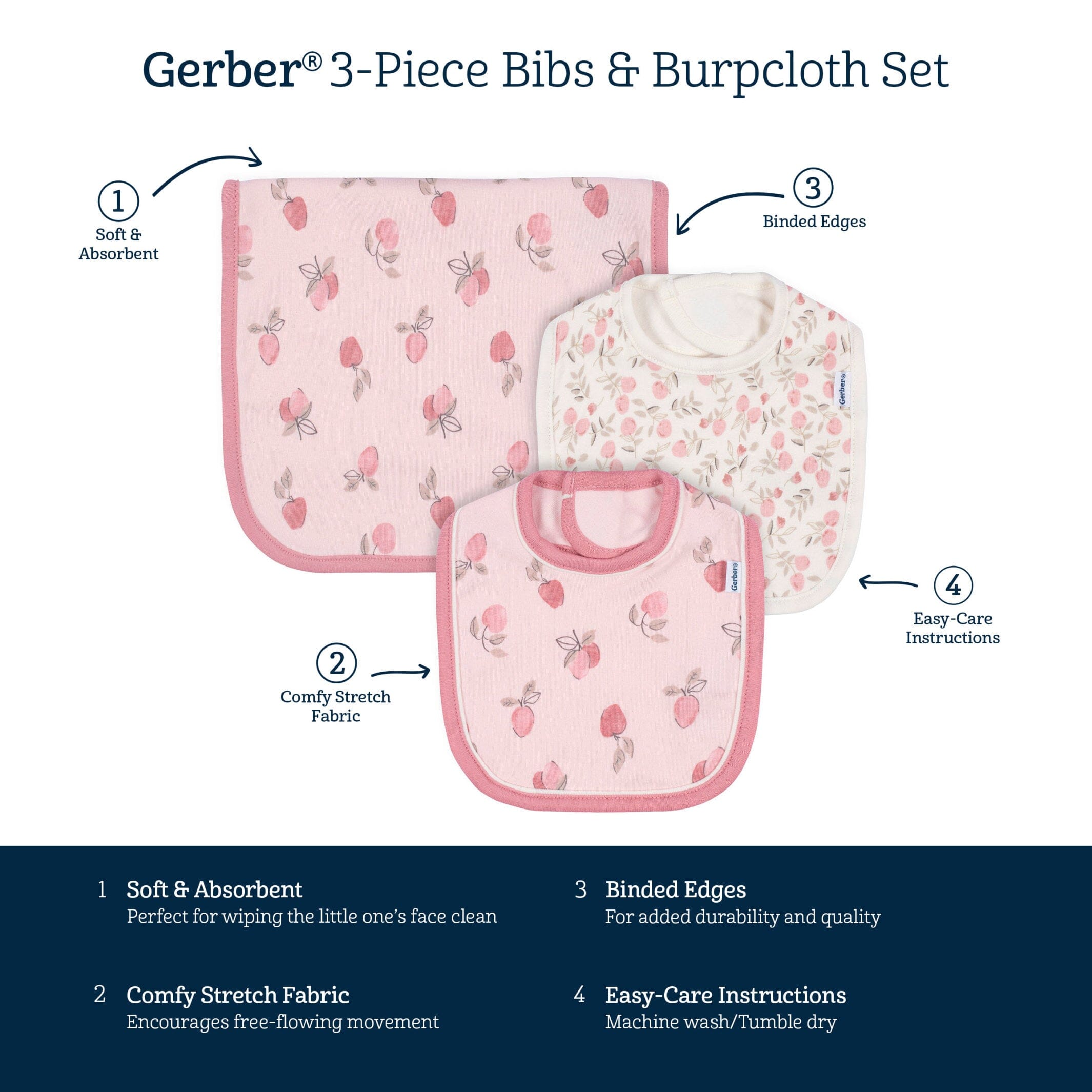 3-Piece Baby Girls Appley Sweet Bibs & Burpcloth Set