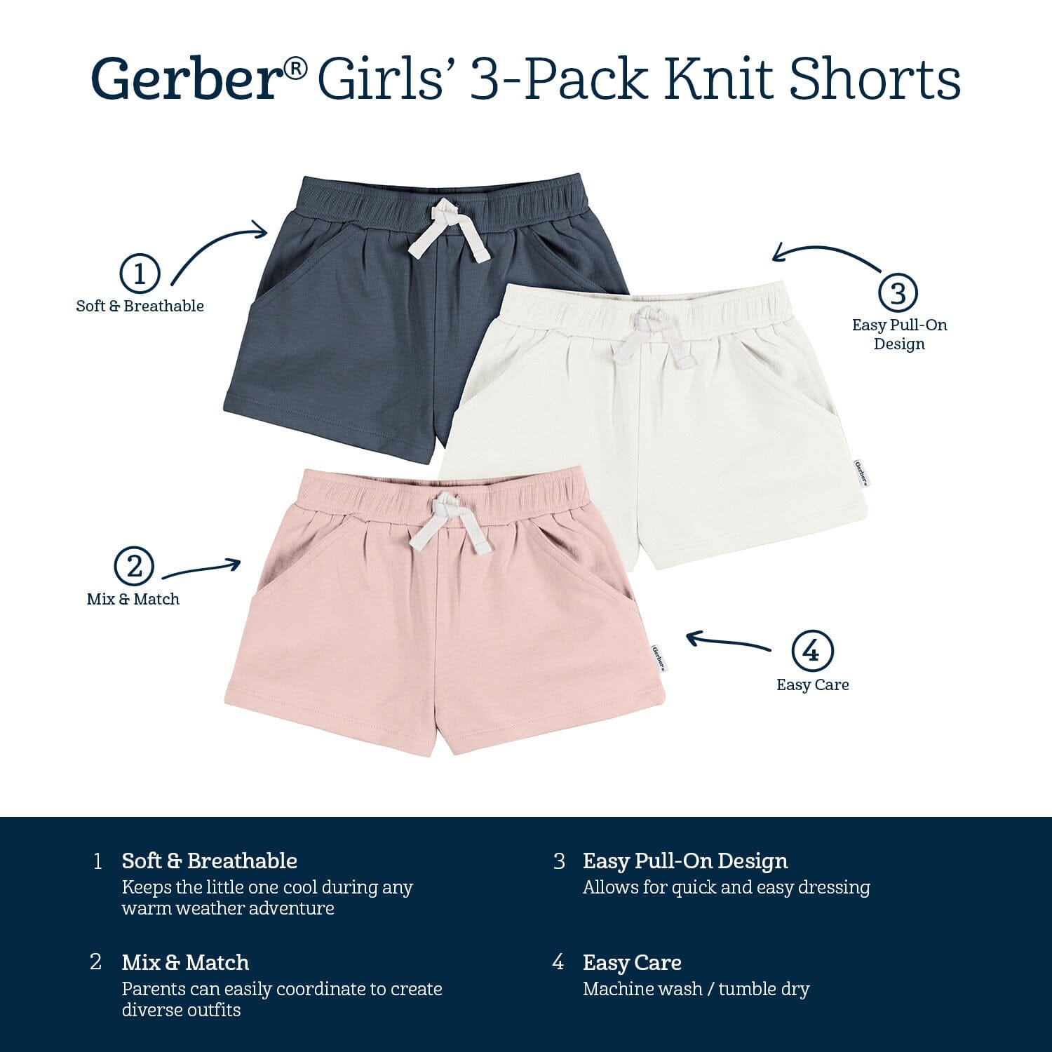 3-Pack Baby & Toddler Girls Navy, White, & Pink Knit Shorts