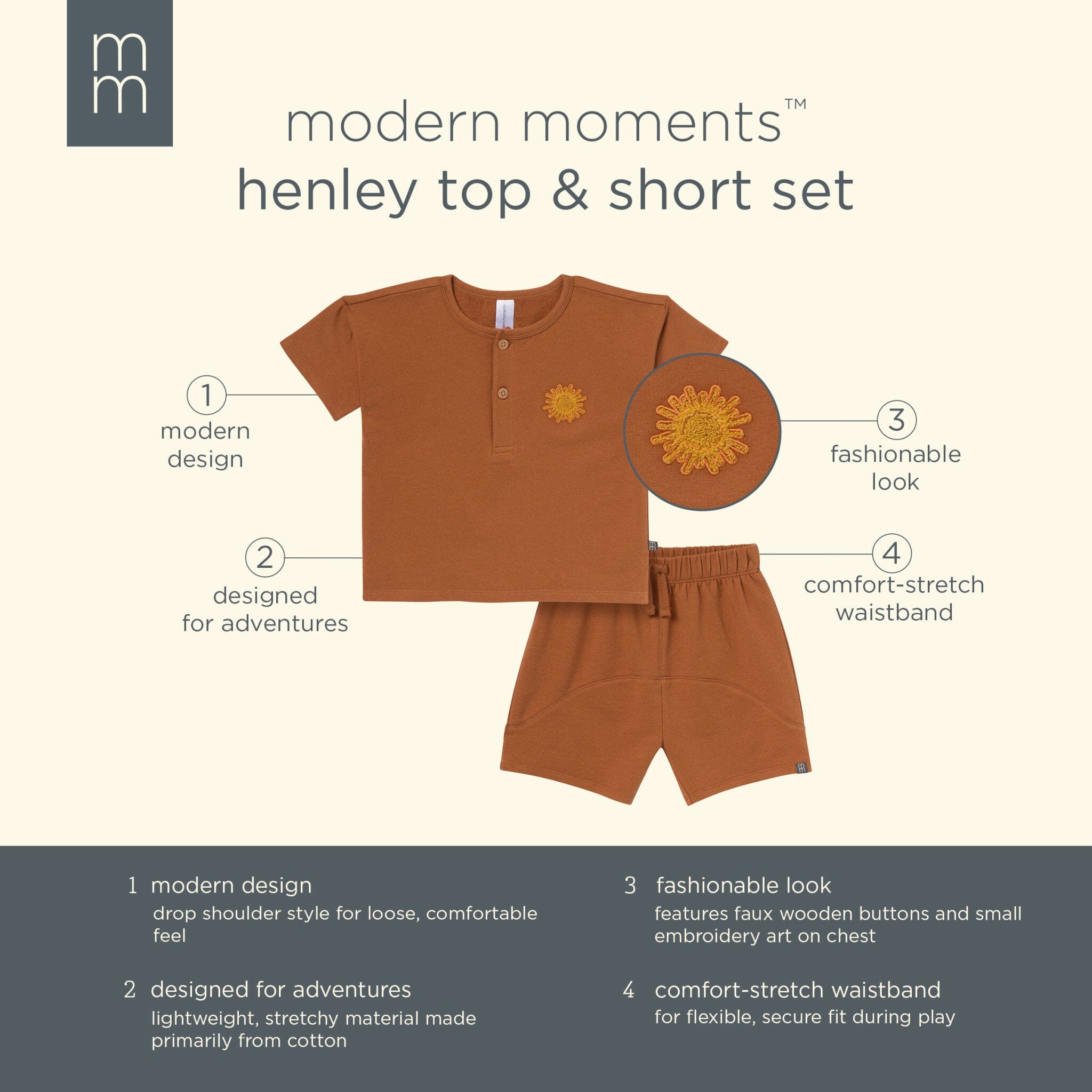 2-Piece Toddler Boys Medium Brown Henley Shirt and Shorts Set