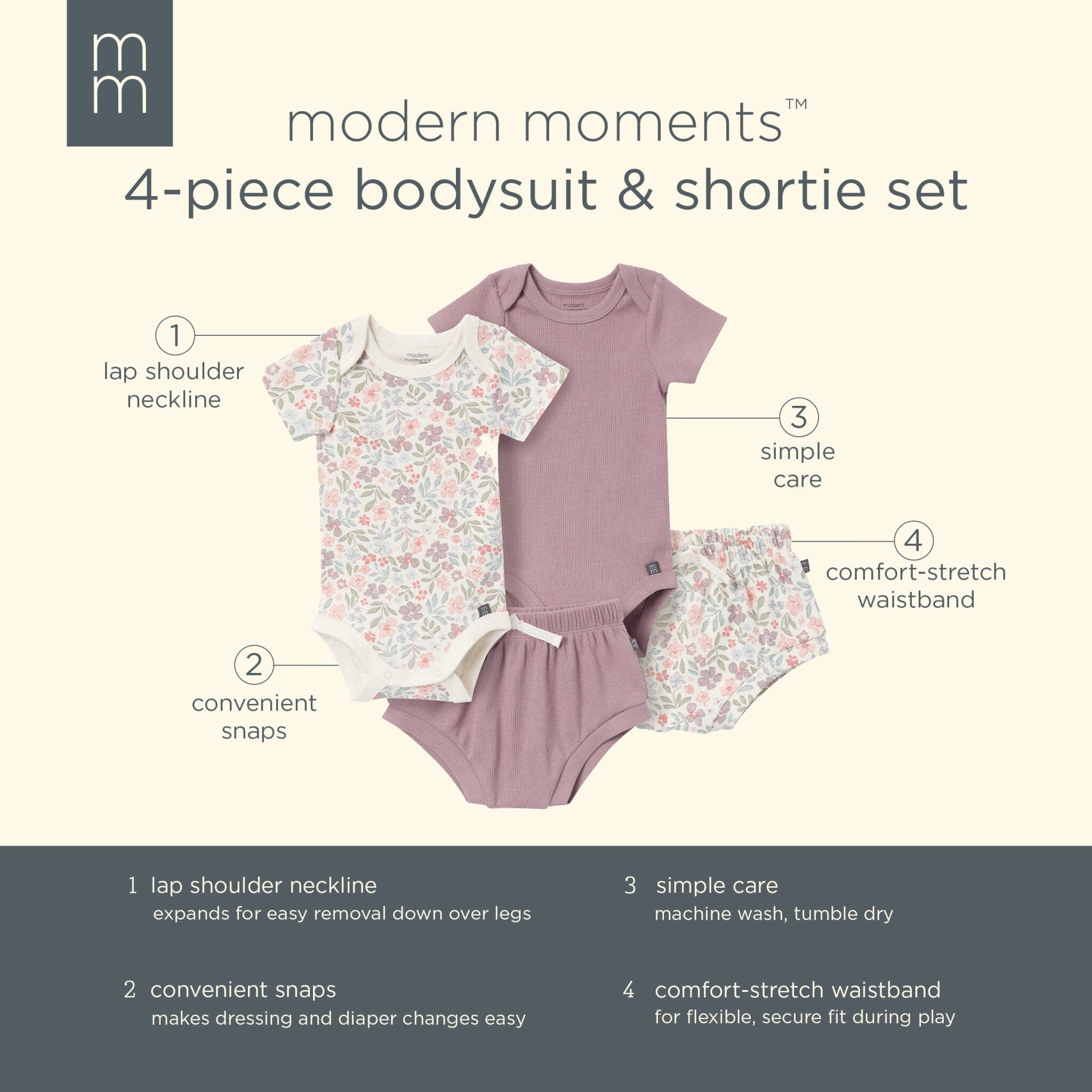 4-Pack Baby Girls Ivory Garden Short Sleeve Bodysuits and Shorts Set