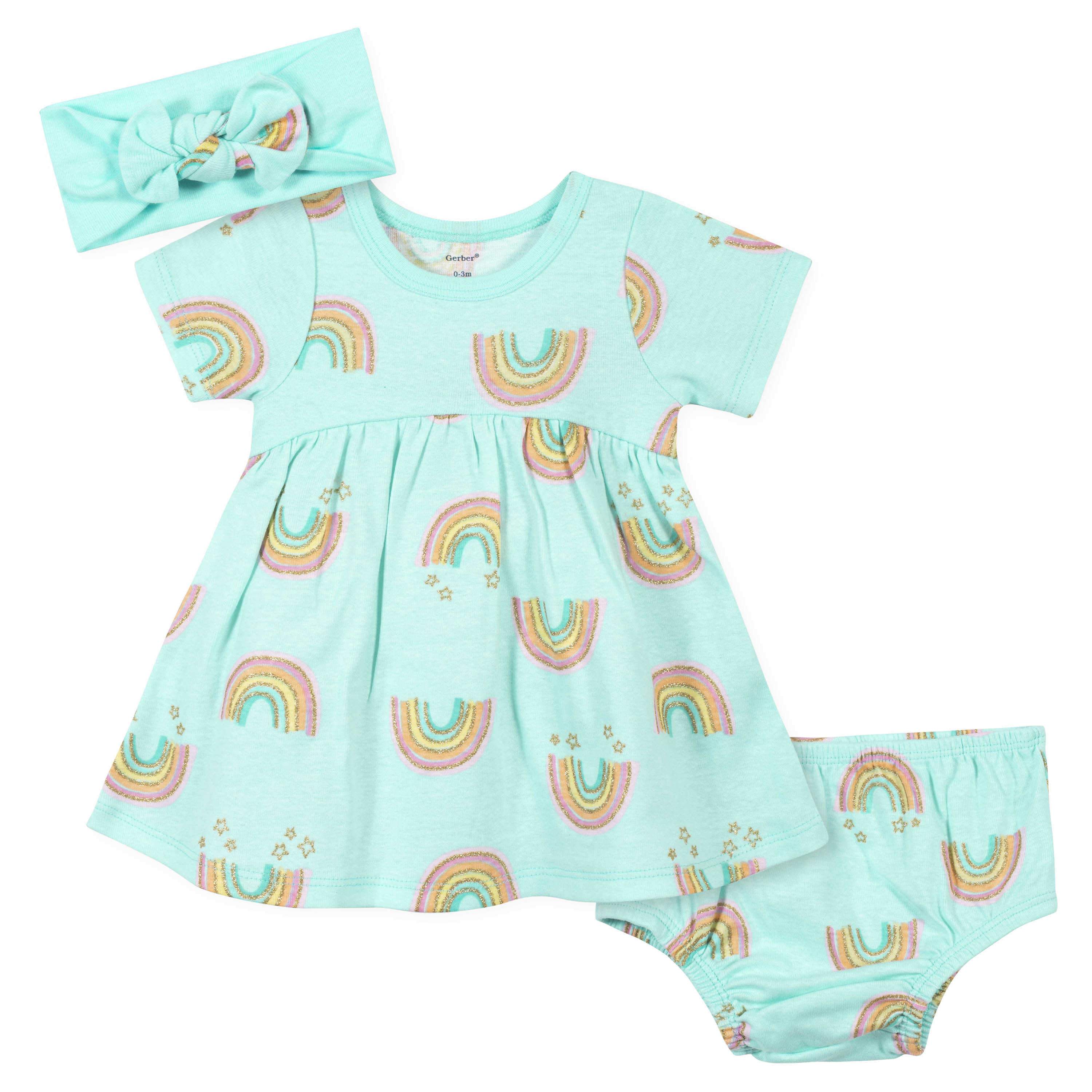 3-Piece Baby Girls Rainbow Dress, Diaper Cover, and Headband Set