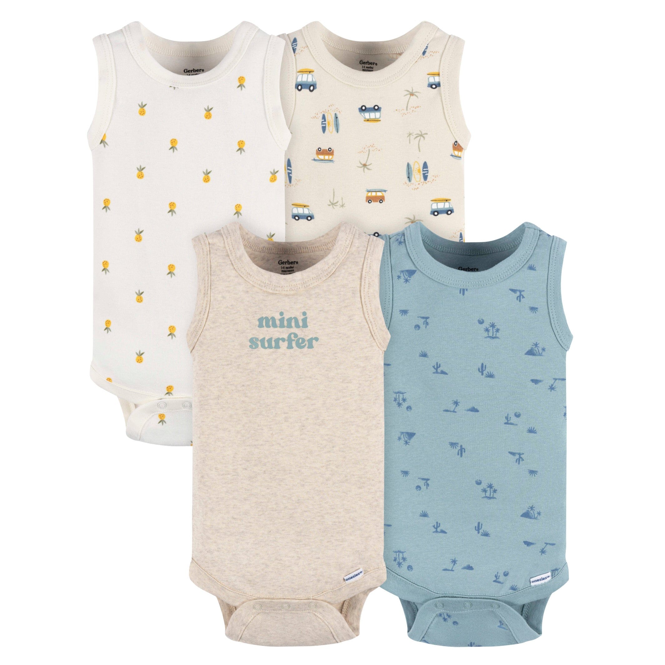 4-Pack Baby Boys Surfer Sleeveless Onesies Bodysuits