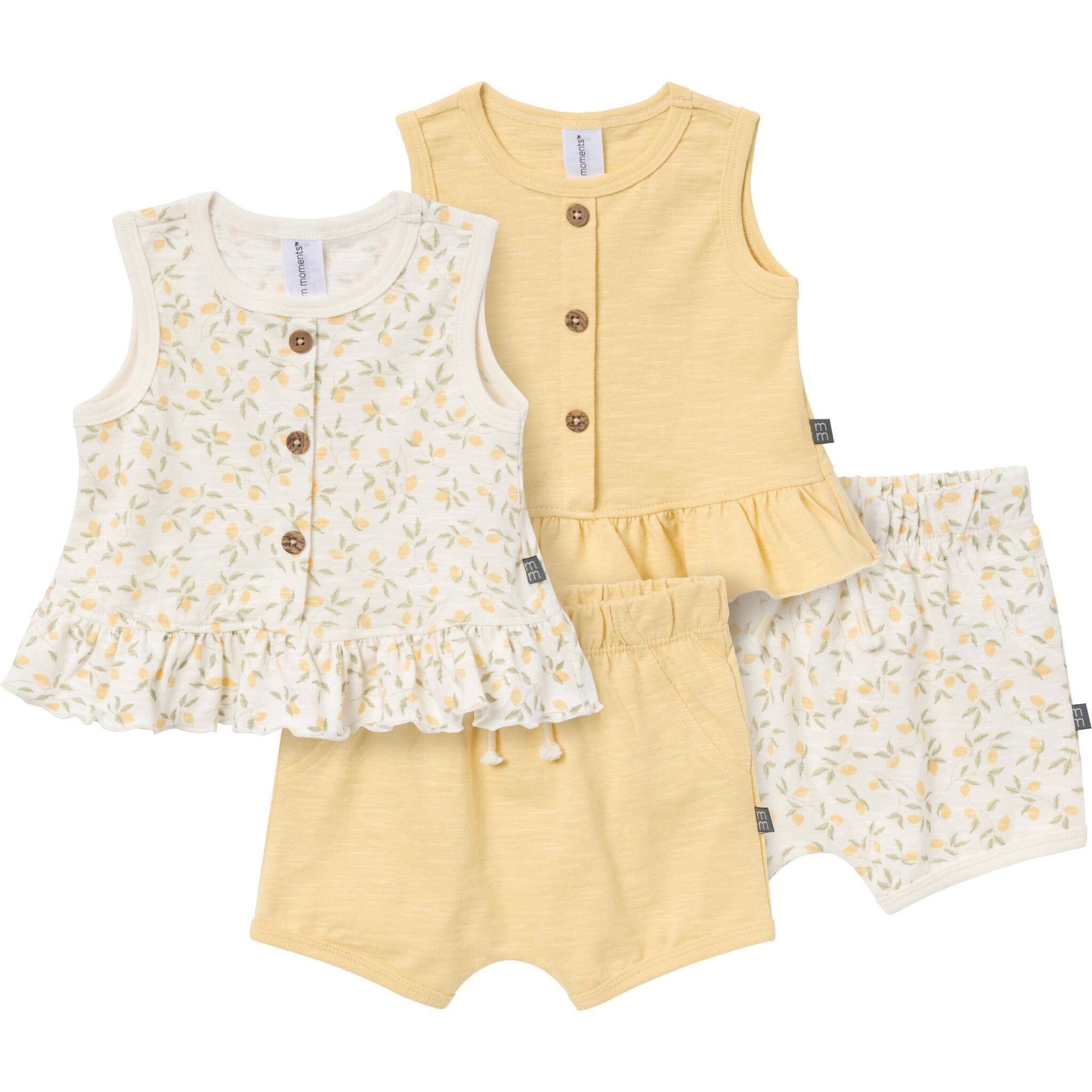 4-Piece Baby Girls Lemon Vines Sleeveless Peplum Tops and Shorts Set