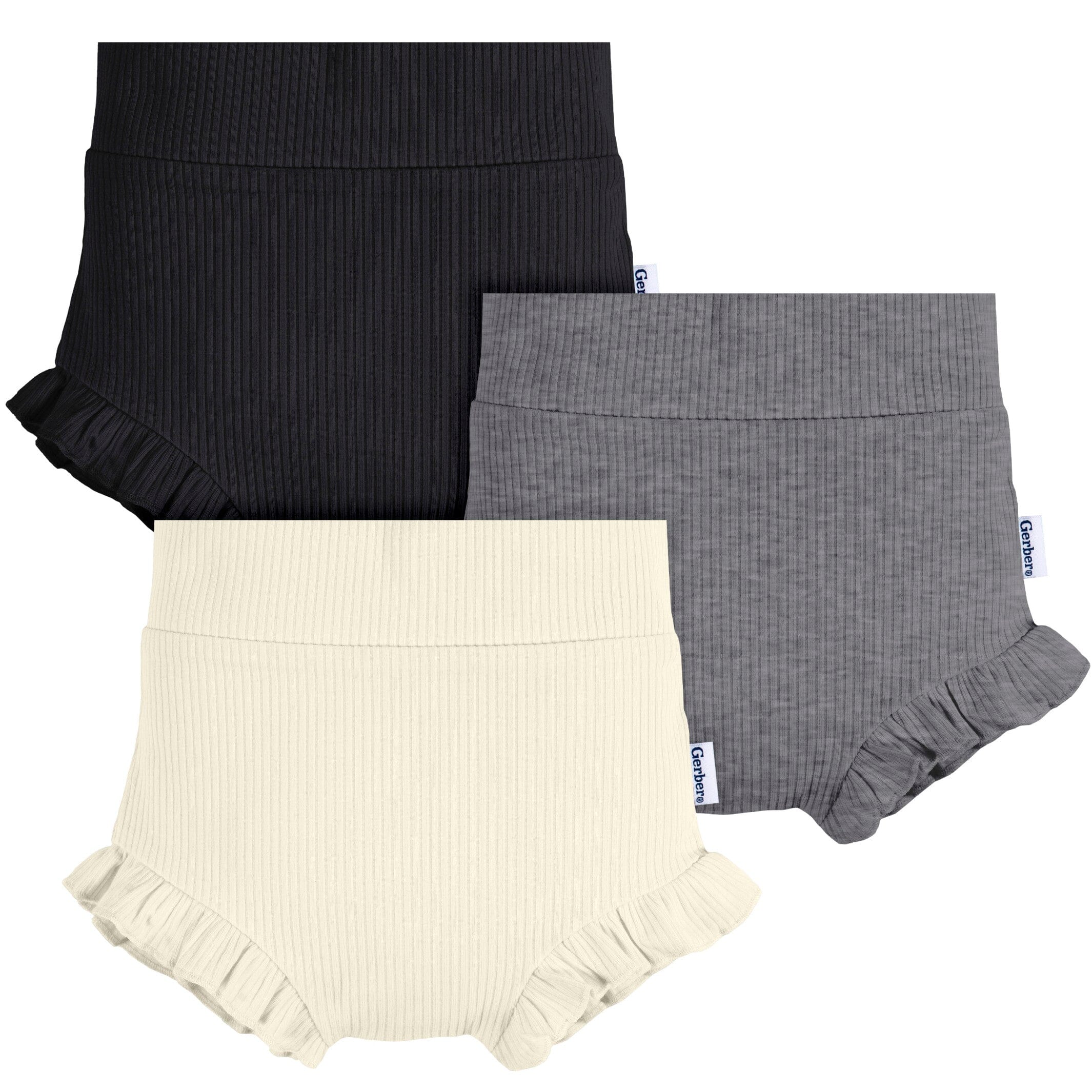 3-Pack Baby Girls Black, Grey Heather, & Ivory Bloomer Shorts