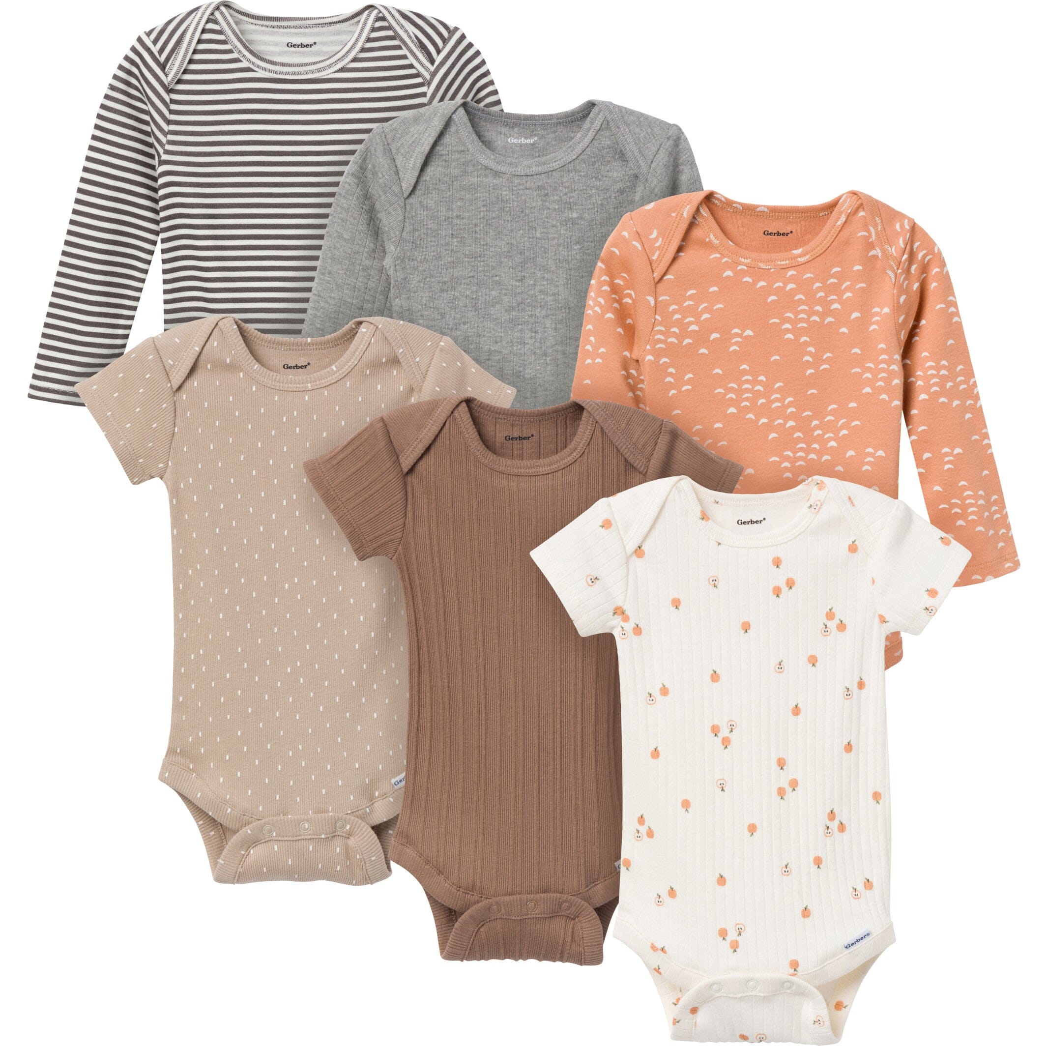 6-Pack Baby Neutral Tan Little Apples Onesies Bodysuits