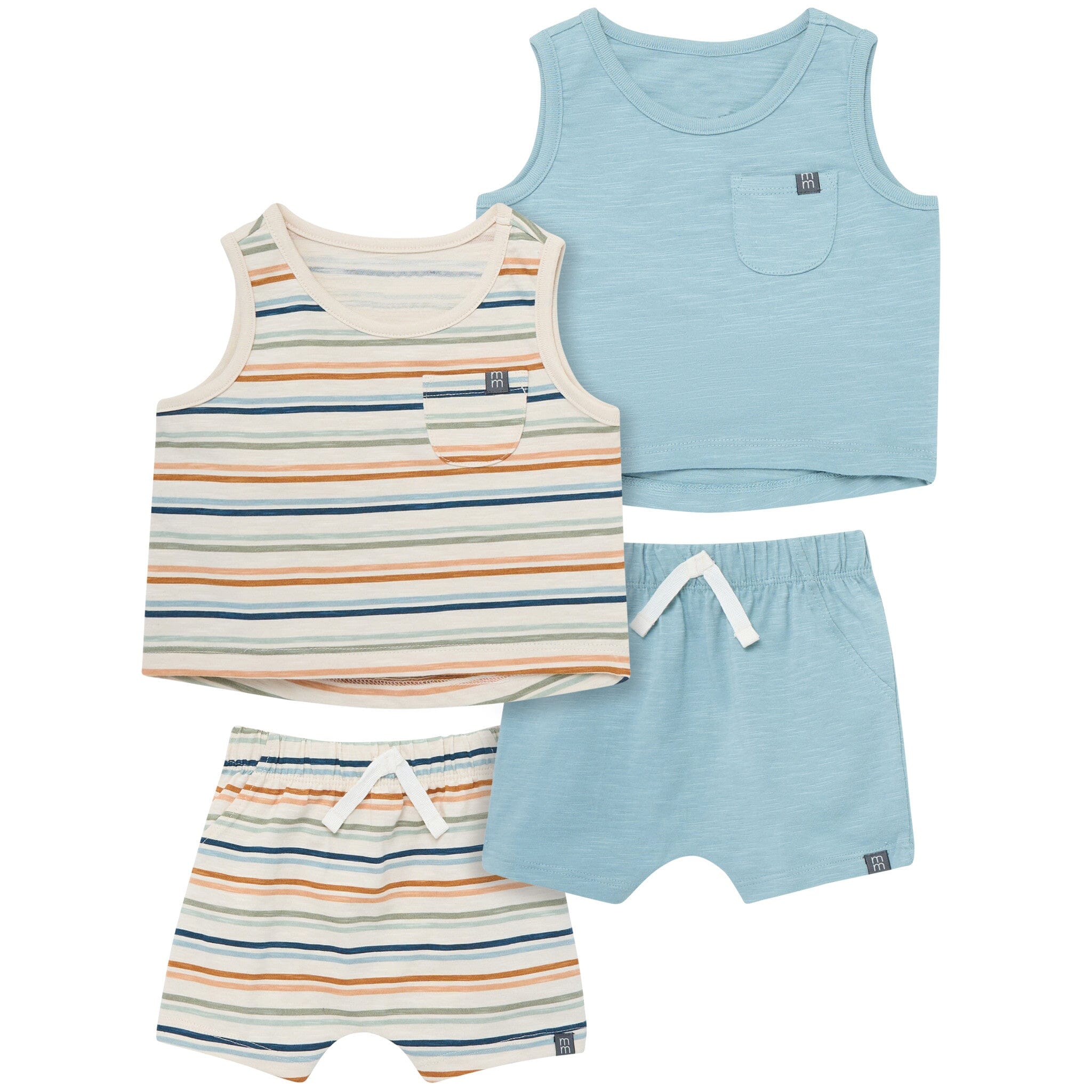 4-Piece Baby Boys Beige Stripe/Medium Teal Sleeveless Shirt and Shorts Set