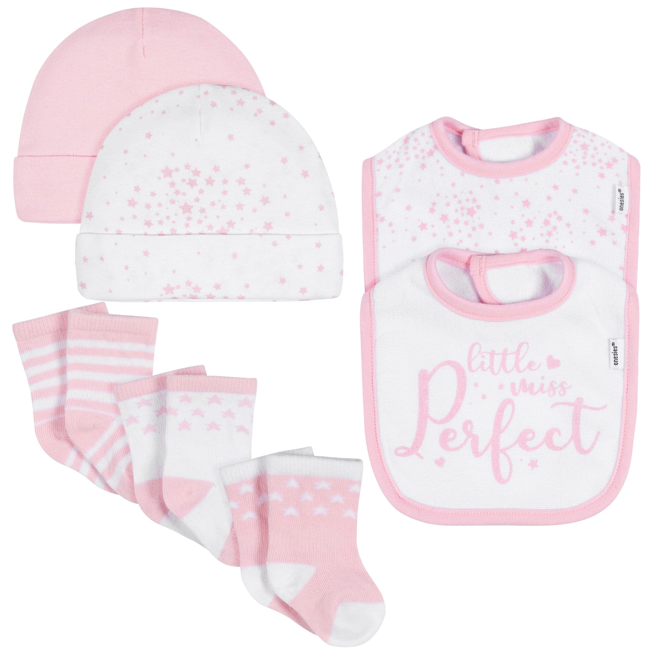 7-Piece Baby Girls Stars Caps, Dribbler Bibs, Jersey Crew Socks