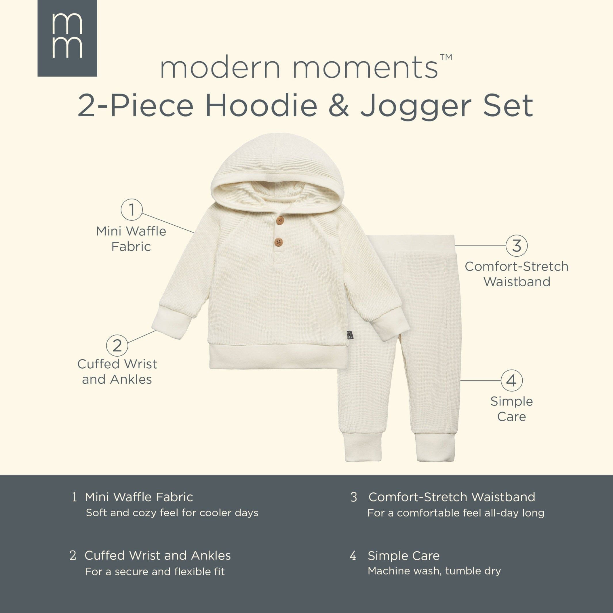 2-Piece Baby Neutral Ivory Waffle Hoodie and Pant Set