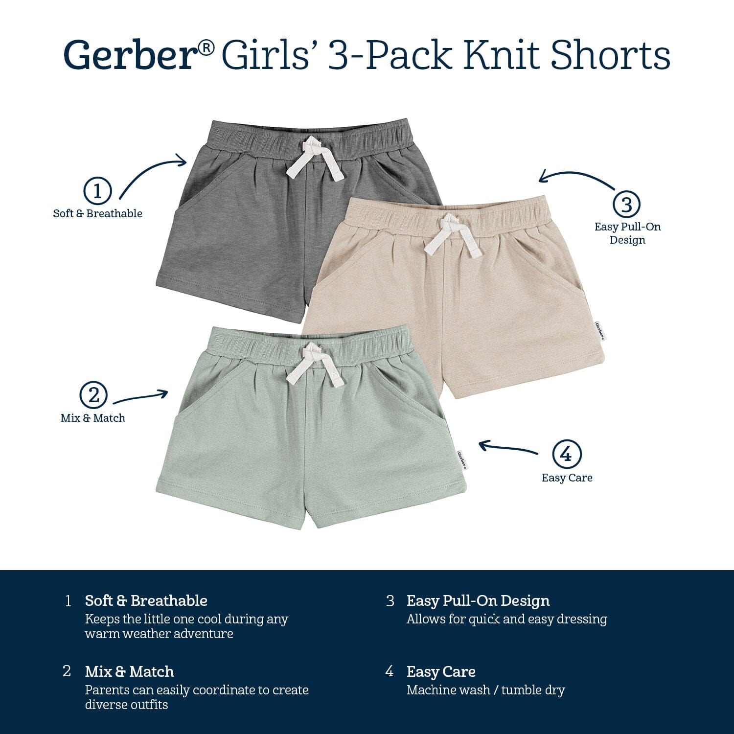 3-Pack Baby & Toddler Girls Dark Grey, Oatmeal, & Green Knit Shorts