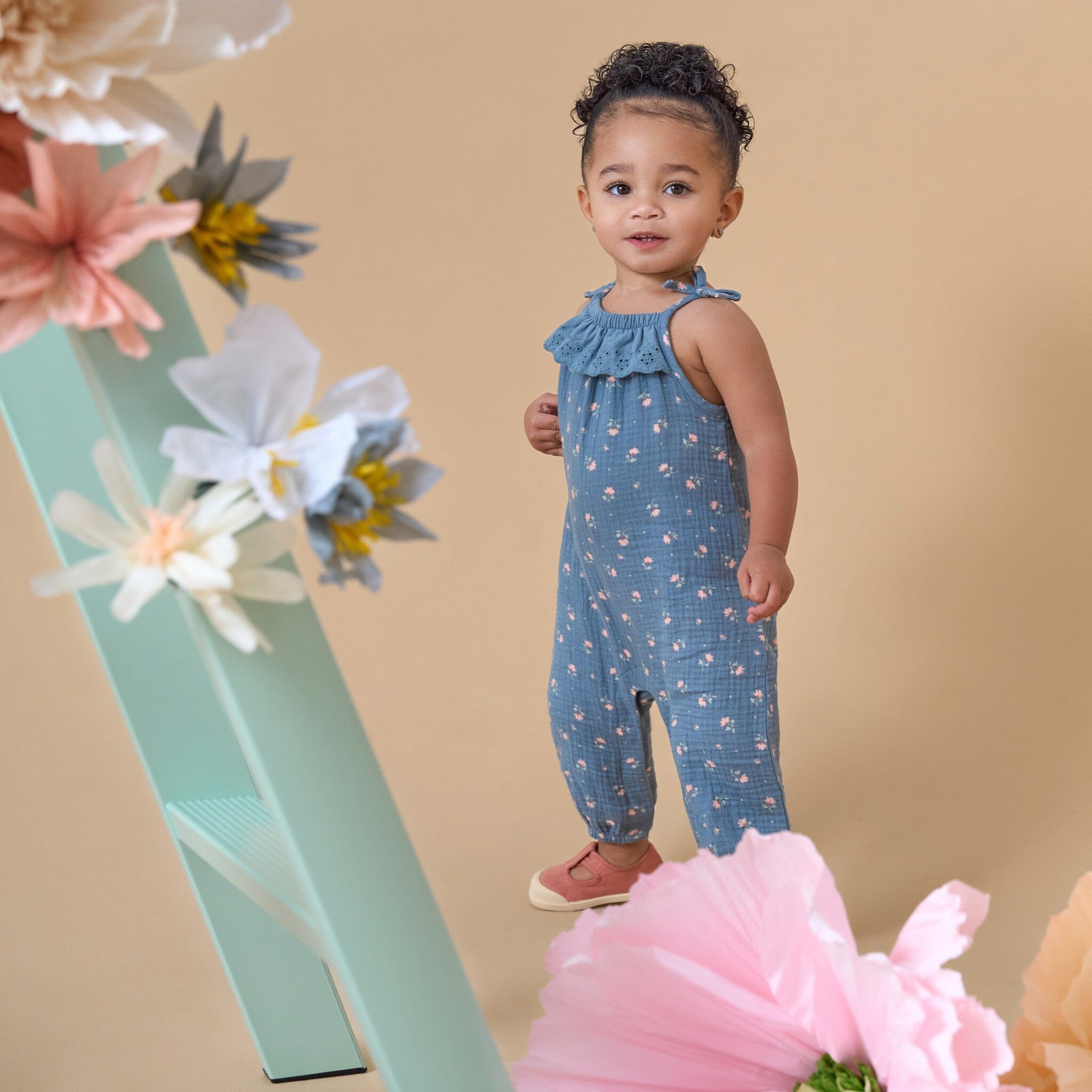 Baby Girls Teal Aster Flower Sleeveless Ruffle Romper