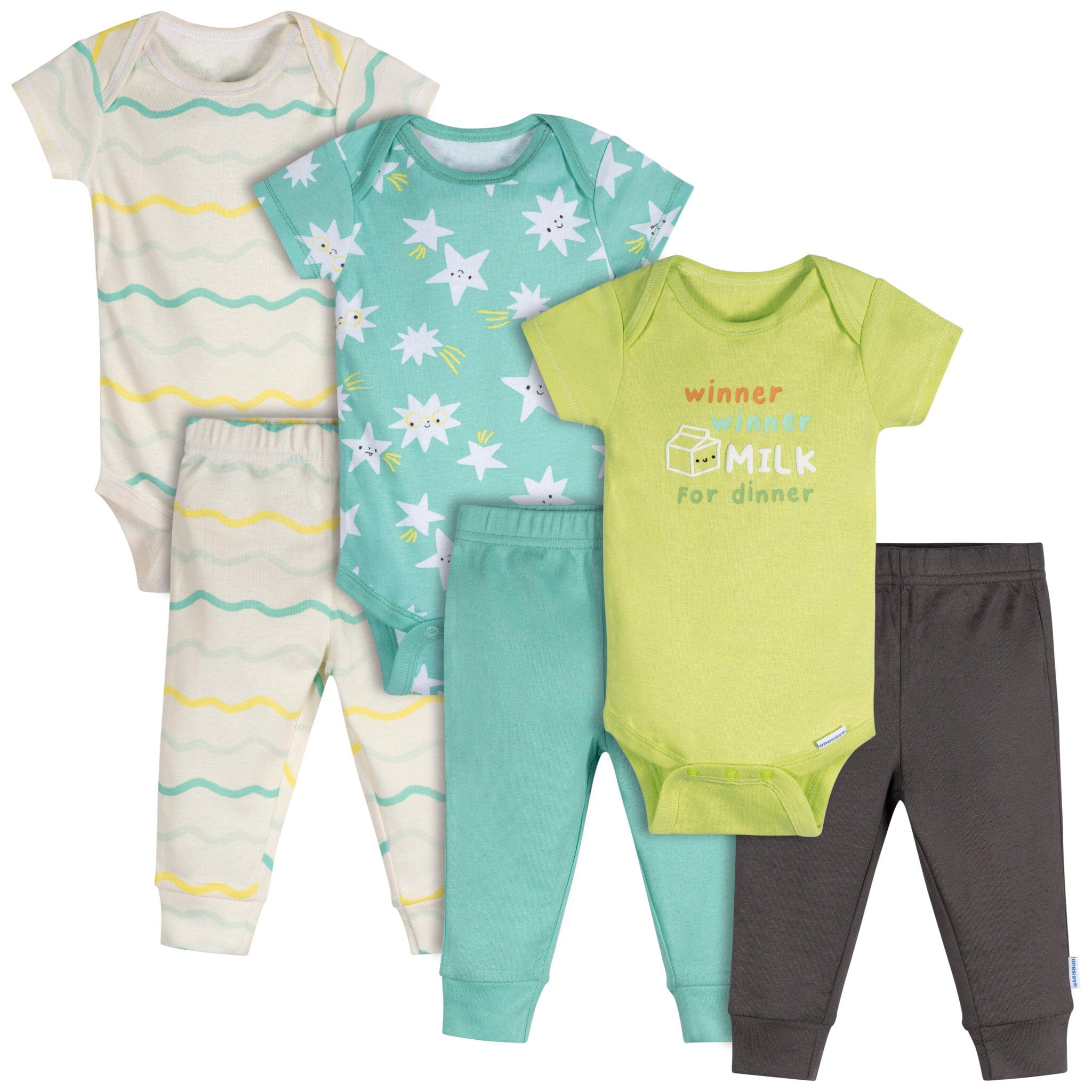 6-Piece Baby Neutral Milk Dinner Onesies and Active Pant Set