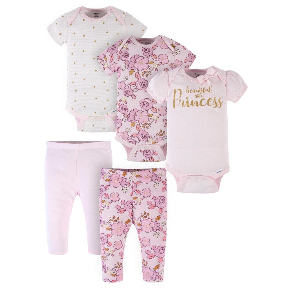 5-Piece Baby Girls Princess Onesies Bodysuits & Pants Sets