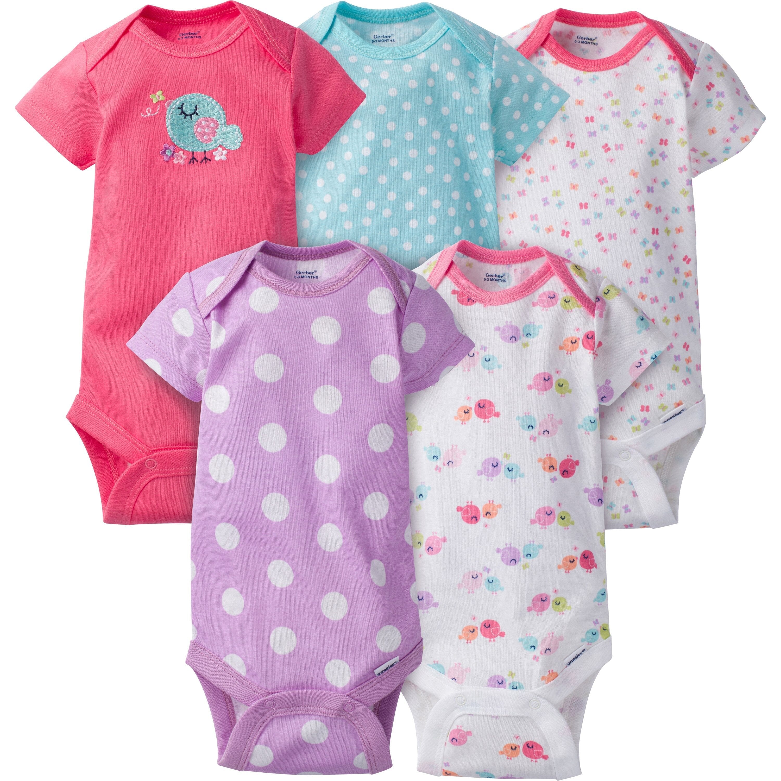 5-Pack Baby Girls Birdie Short Sleeve Onesies Bodysuits