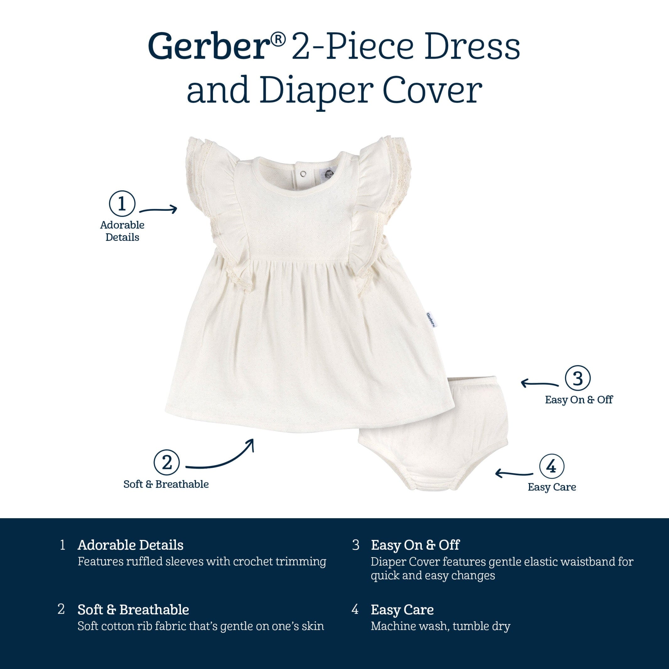 2-Piece Baby Girls Ivory Dress & Diaper Cover Set