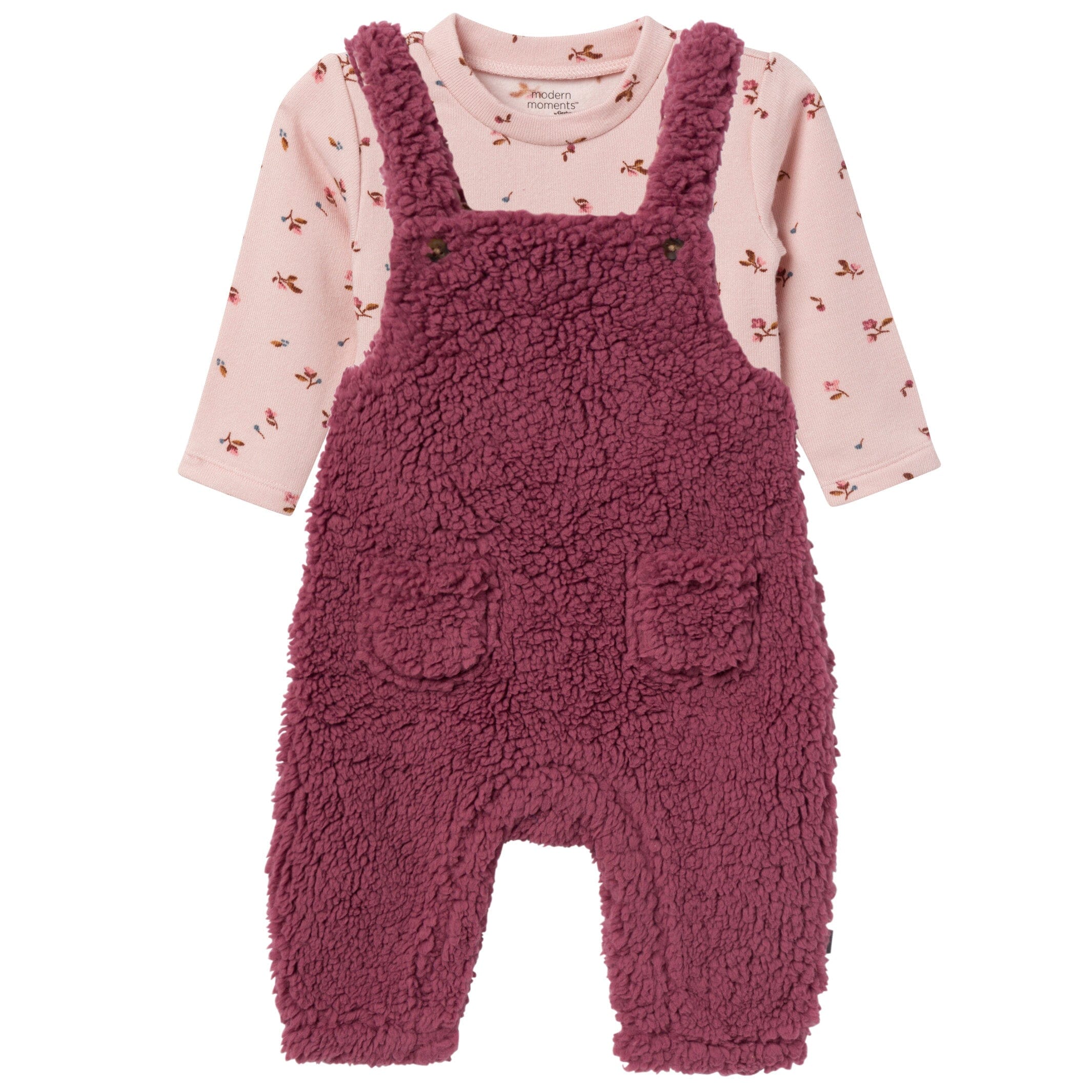 2-Piece Baby Girls Dark Rose Microplush Overalls