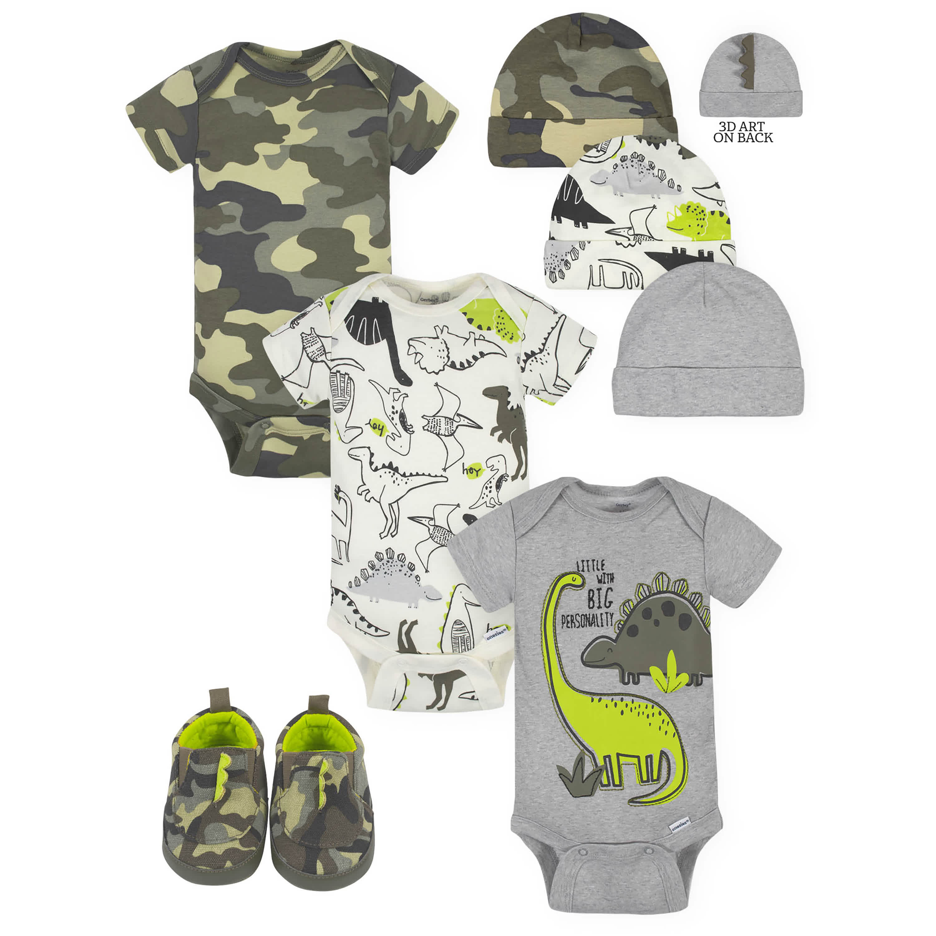 7-Piece Baby Boys Dino Onesies Bodysuits, Caps, & Shoes Set