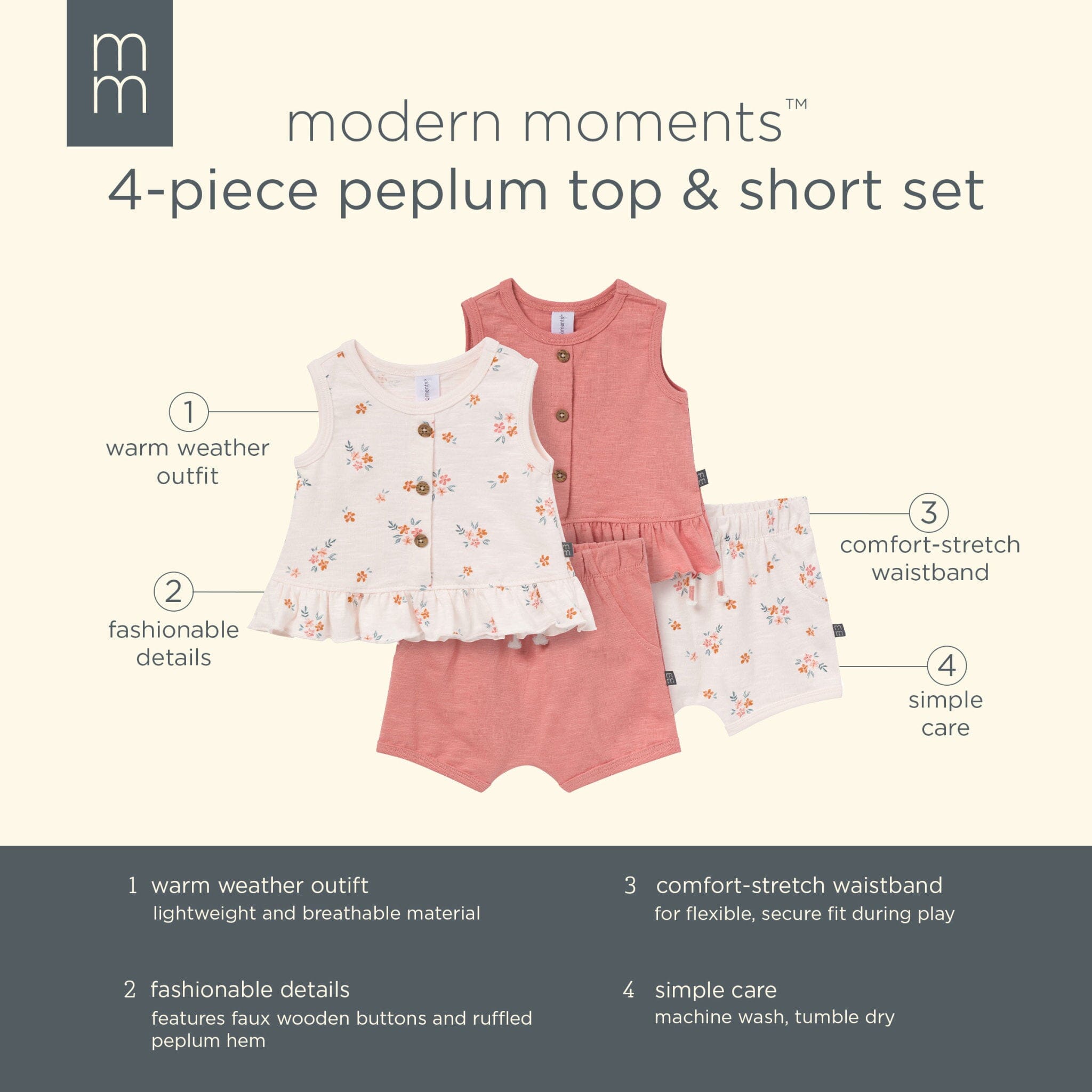 4-Piece Baby Girls Flower Bunches Sleeveless Peplum Tops and Shorts Set