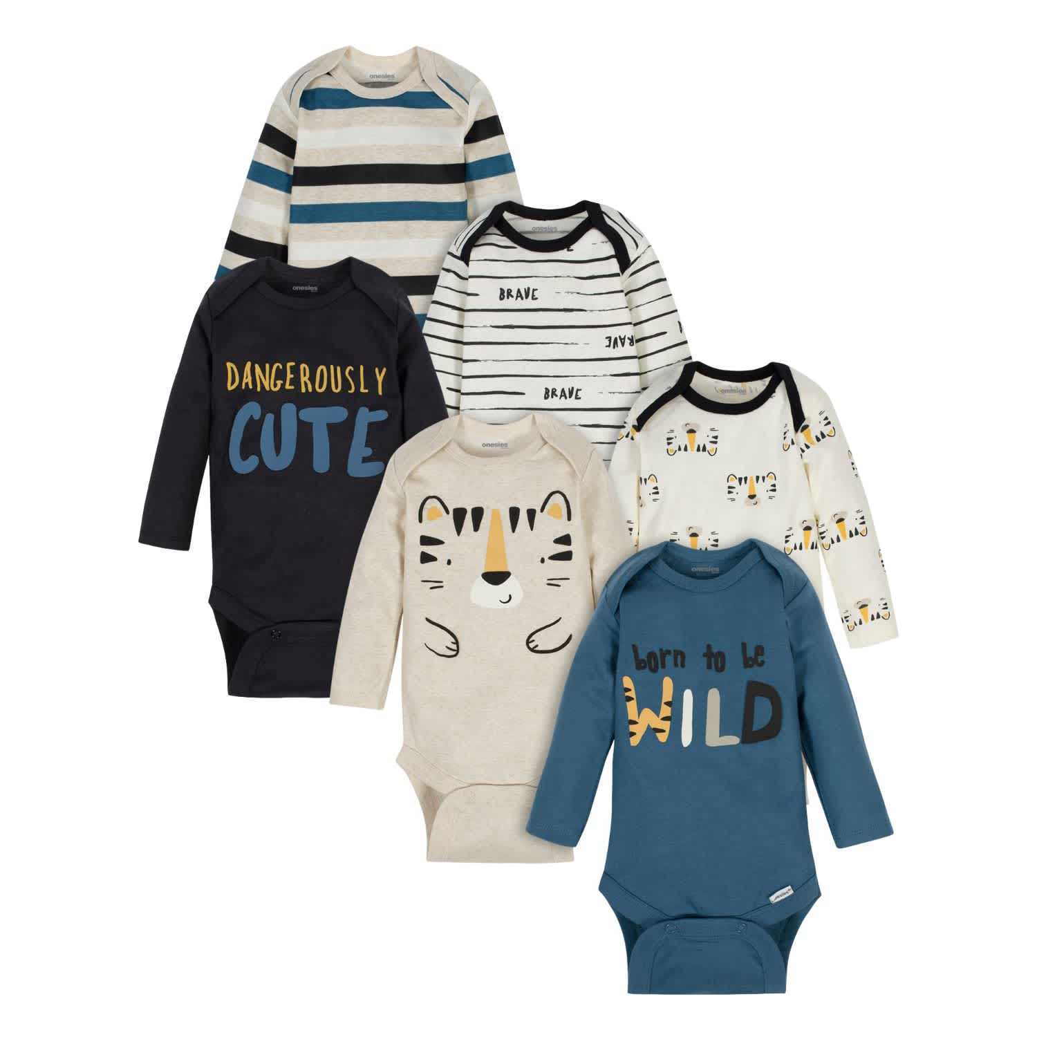 6-Pack Baby Boys Tiger Long Sleeve Onesies Brand Bodysuits