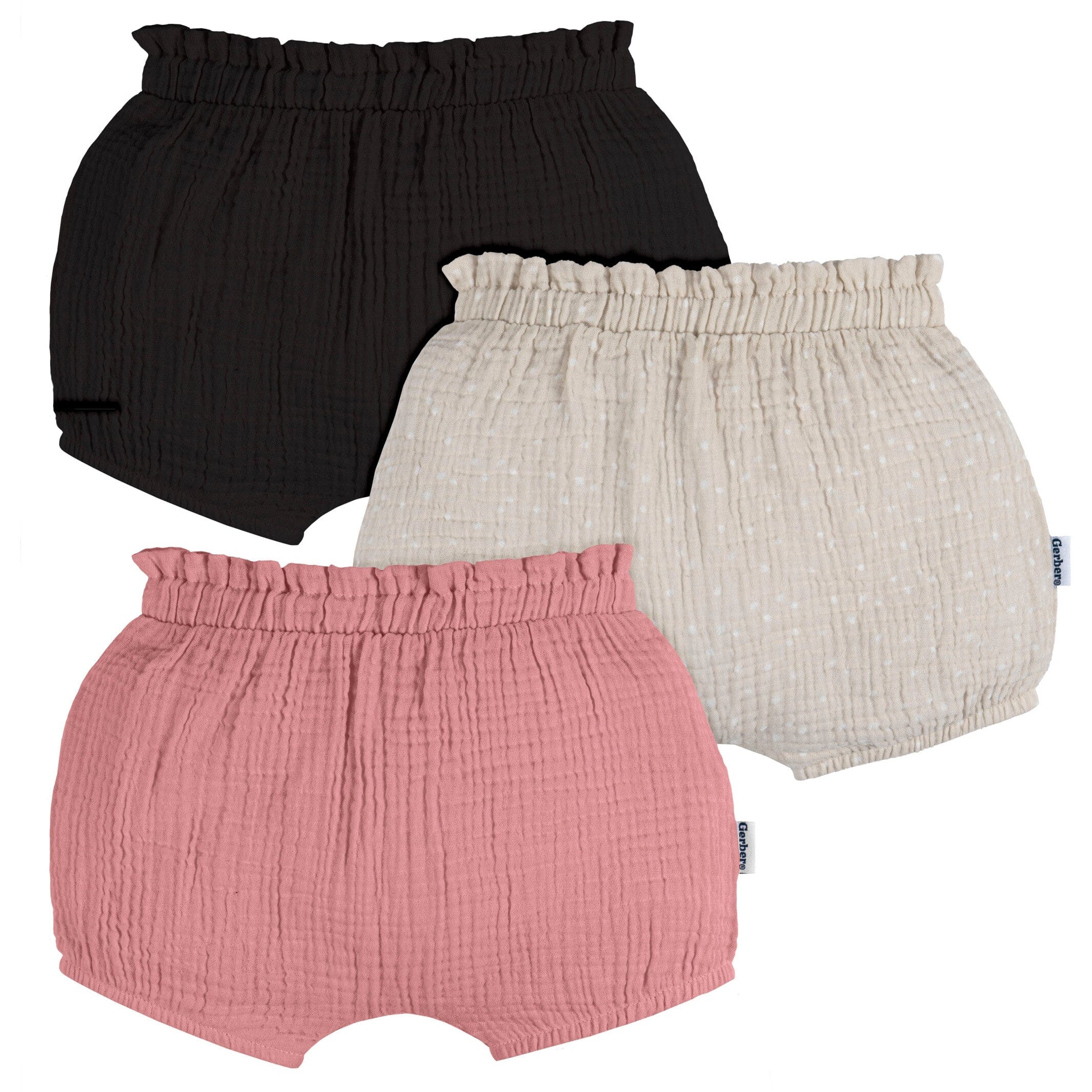 3-Pack Baby Girls Black, Tan Dot & Pink Gauze Bubble Shorts