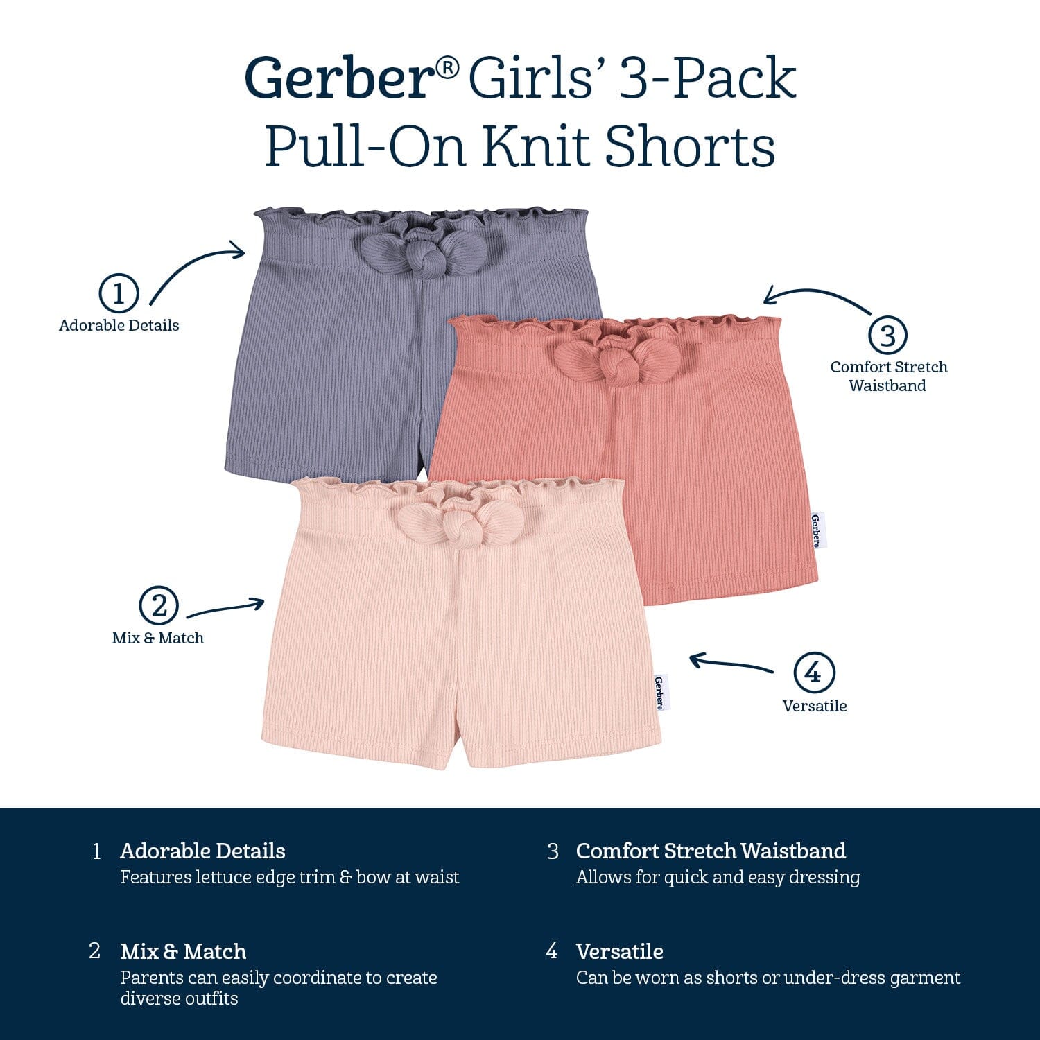 3-Pack Baby & Toddler Girls Blue & Pinks Pull-On Knit Shorts