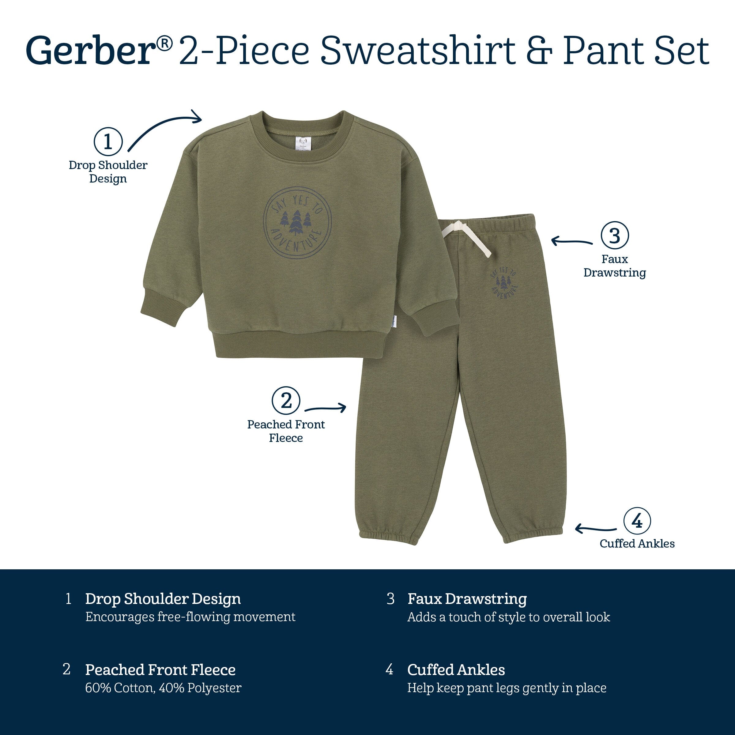 2-Piece Baby & Toddler Boys Olive Adventure Sweatshirt & Pant Set