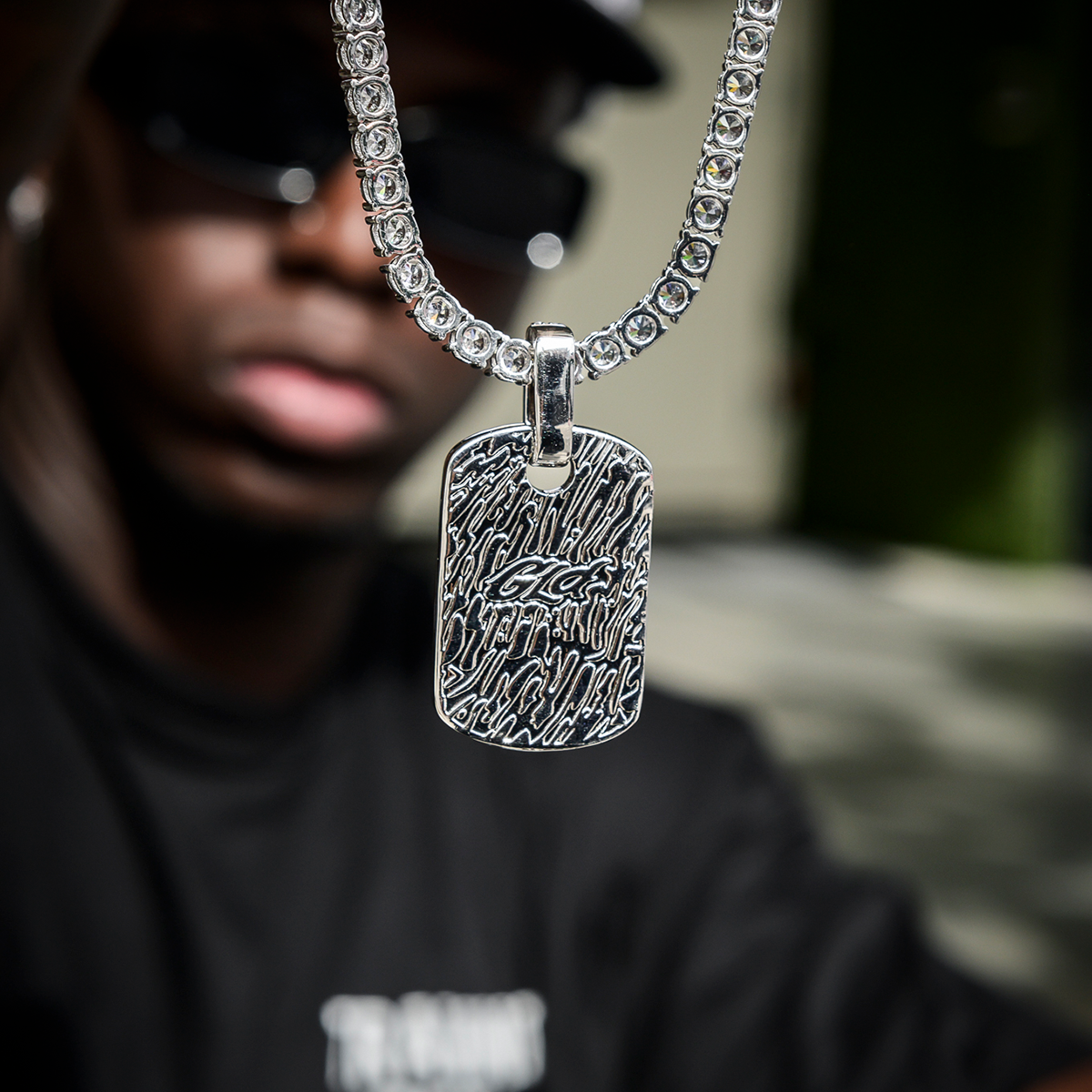 Baguette Dog Tag Pendant in White Gold