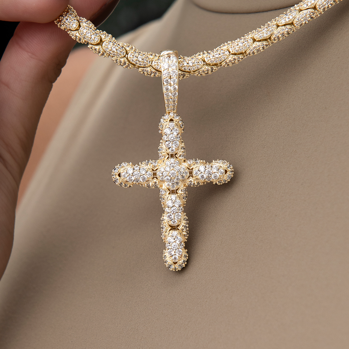 Diamond Pave Reptile Cross Pendant in Yellow Gold