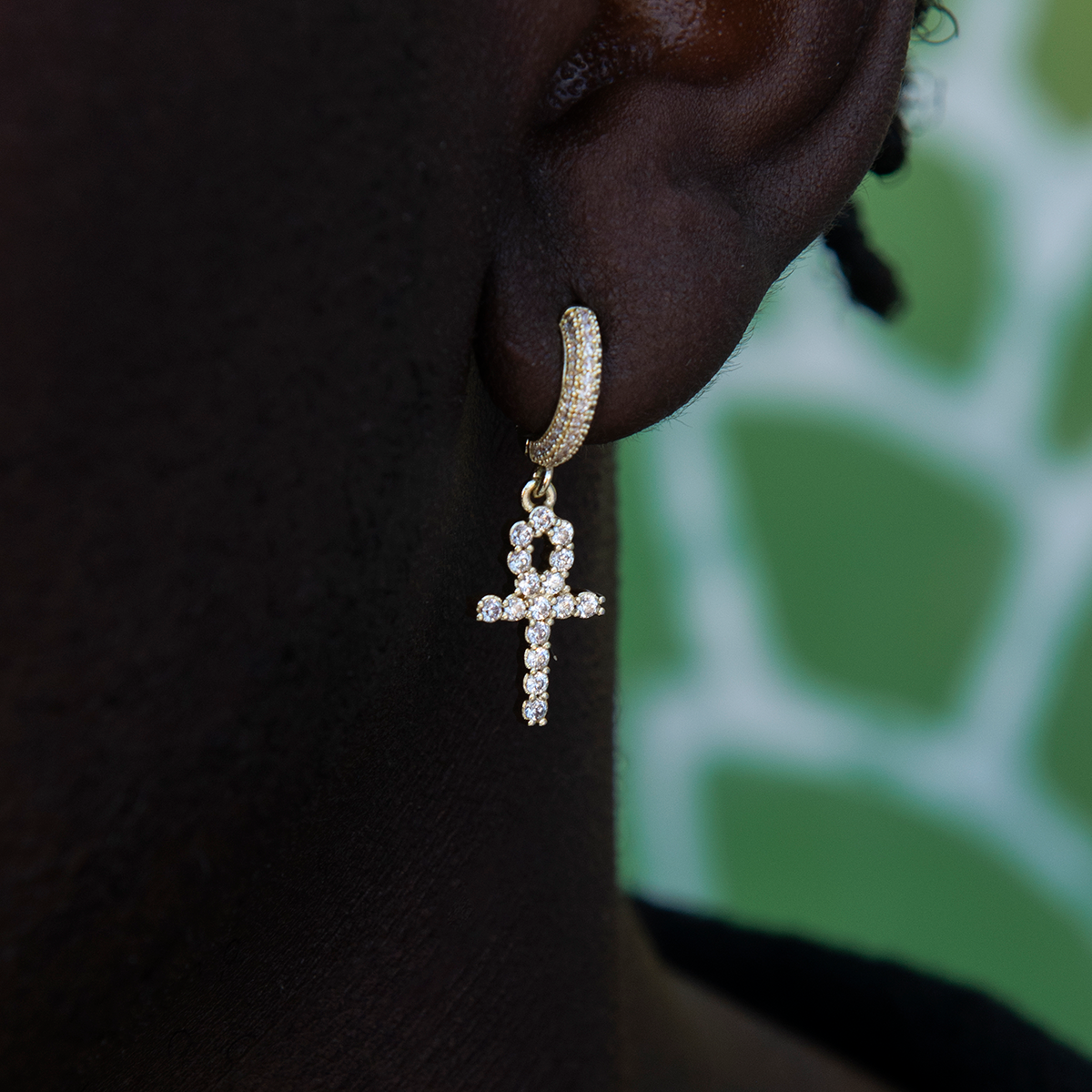 Iced Ankh Cross Huggie Hoop Earrings