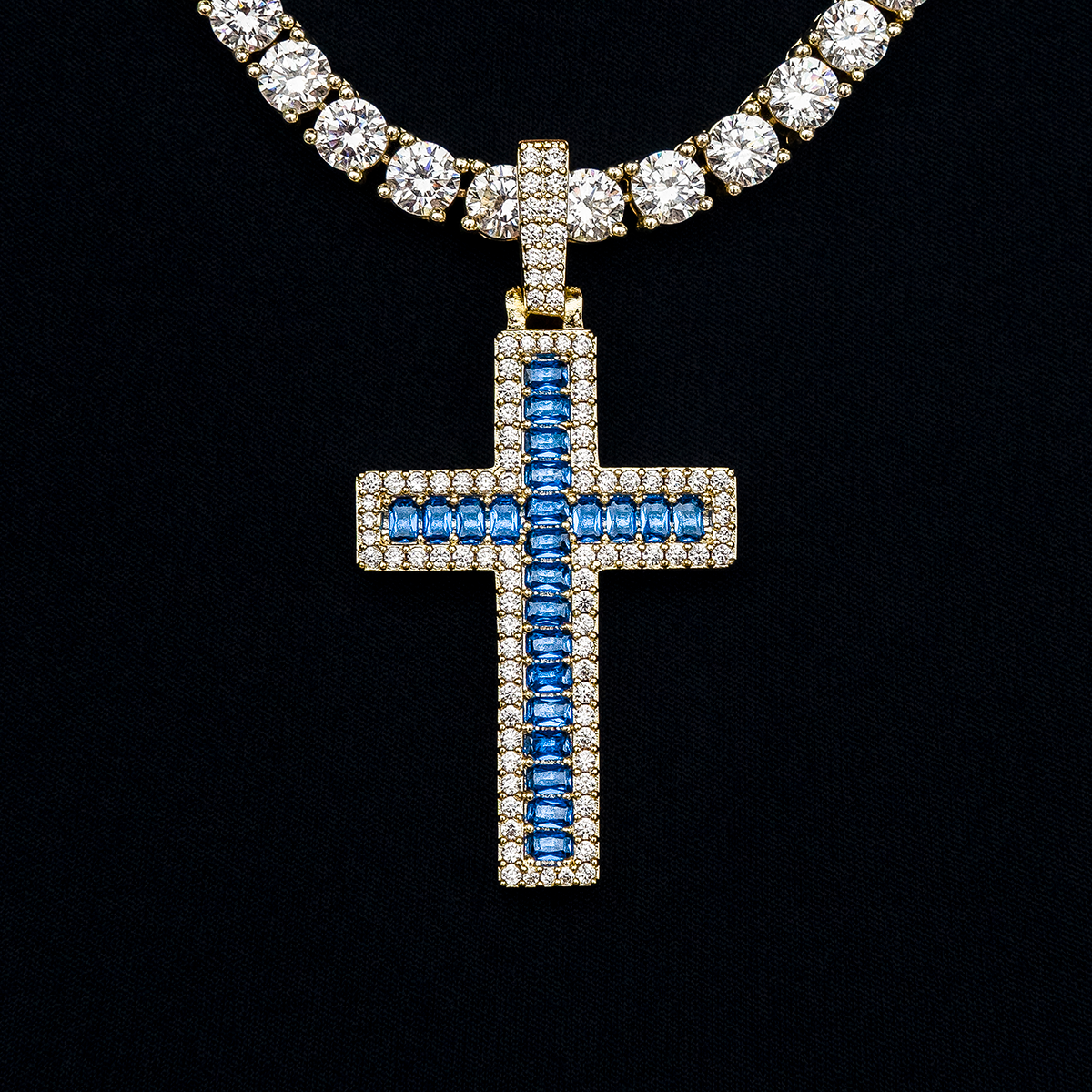 Blue Baguette Cross Pendant