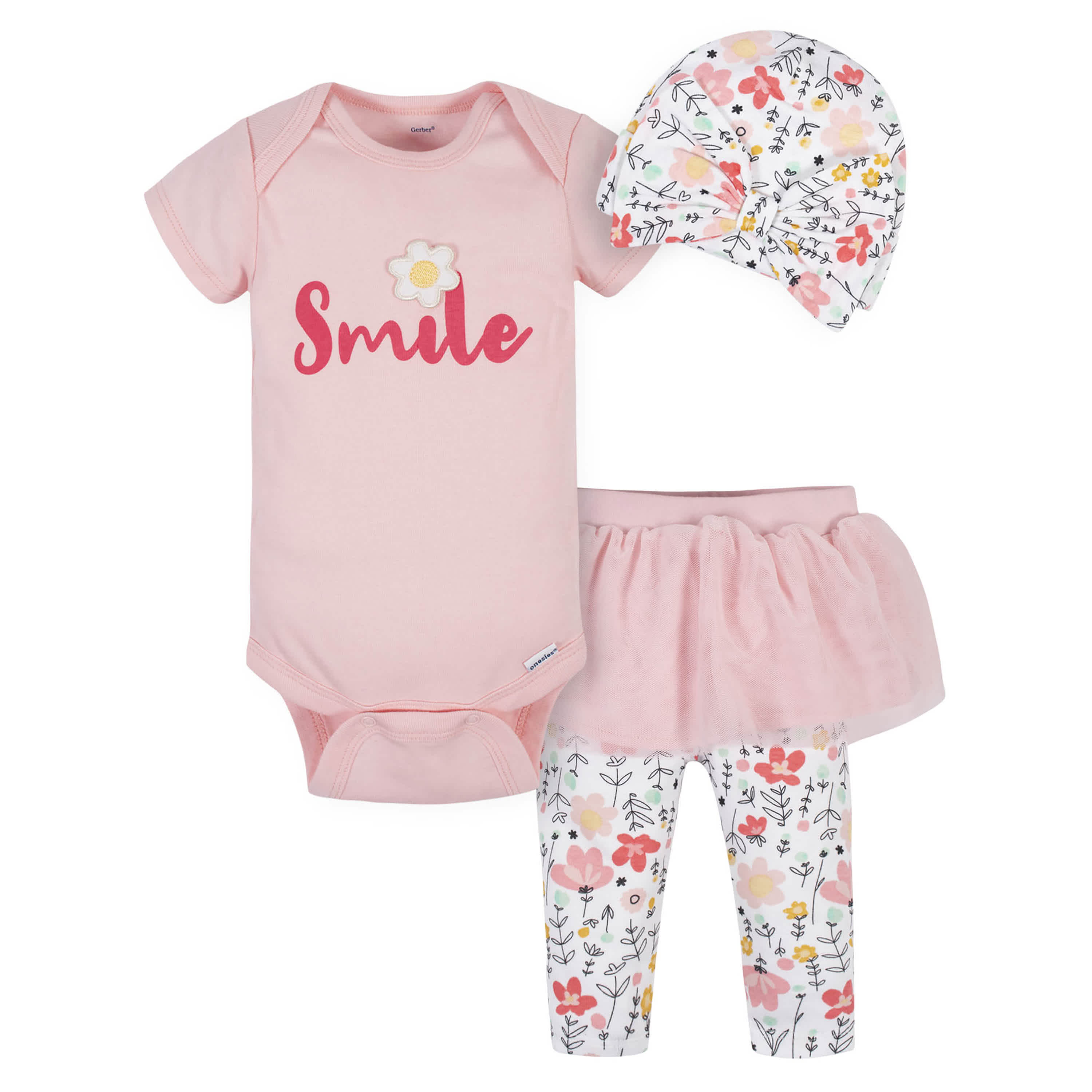 3-Piece Baby Girls Garden Floral Onesies Bodysuit, Tutu Pant, & Cap Set