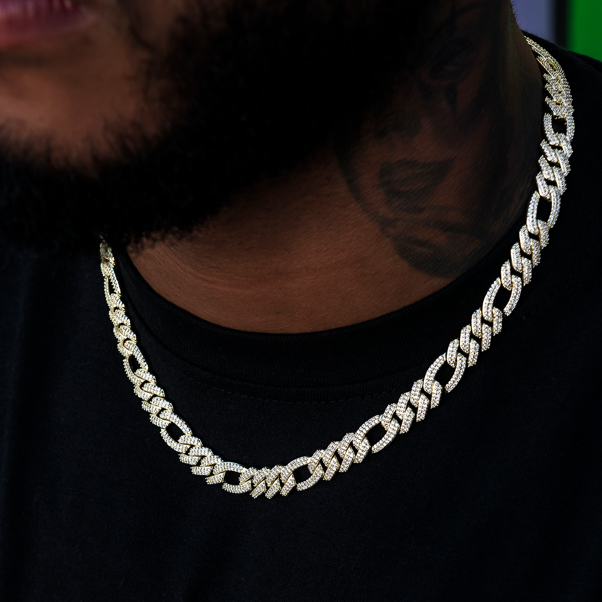 Diamond Figaro Chain in Yellow Gold- 10mm