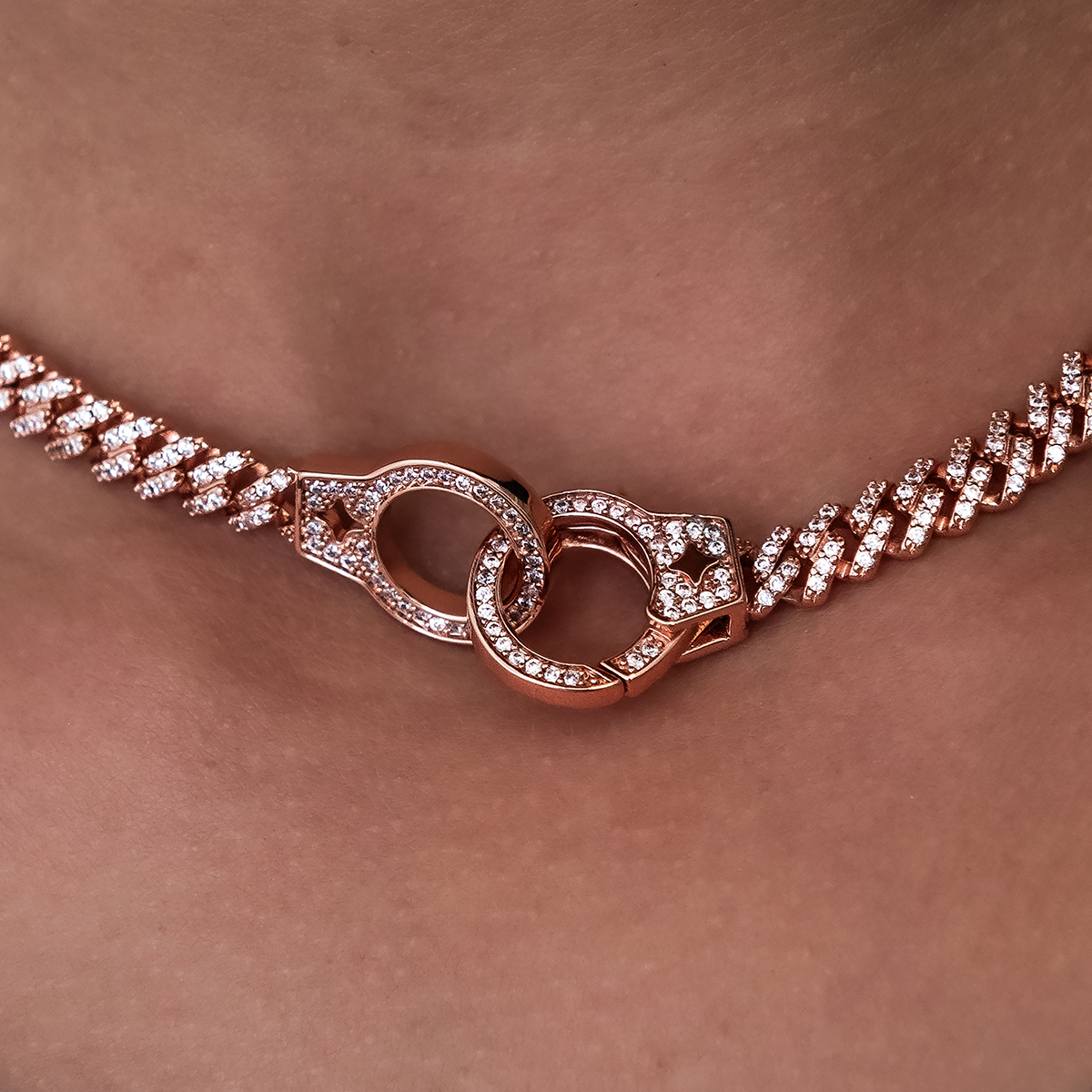 Iced Handcuff Diamond Prong Cuban Necklace in Rose Gold