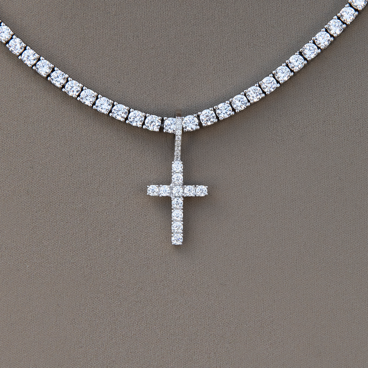 Moissanite Diamond Cross Micro Pendant in White Gold Vermeil