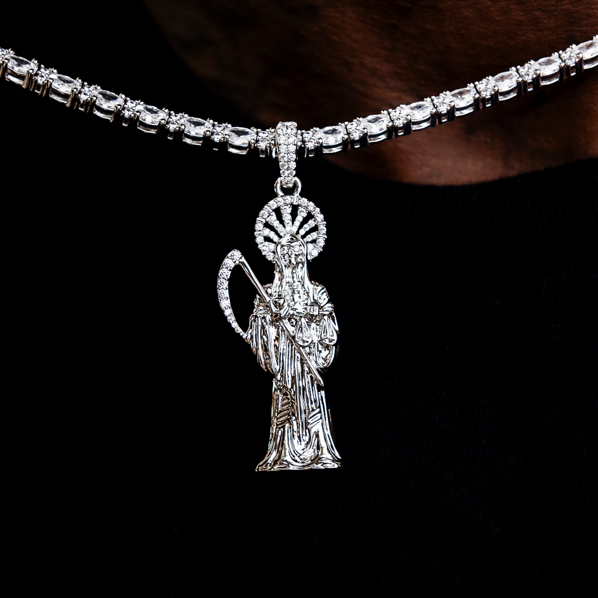 Iced Grim Reaper Pendant in White Gold