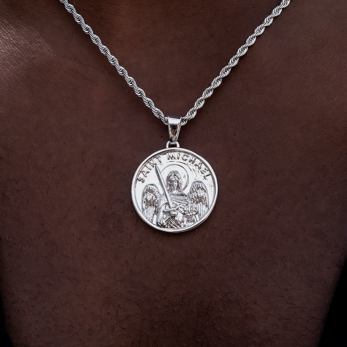 Saint Michael Coin Pendant in White Gold