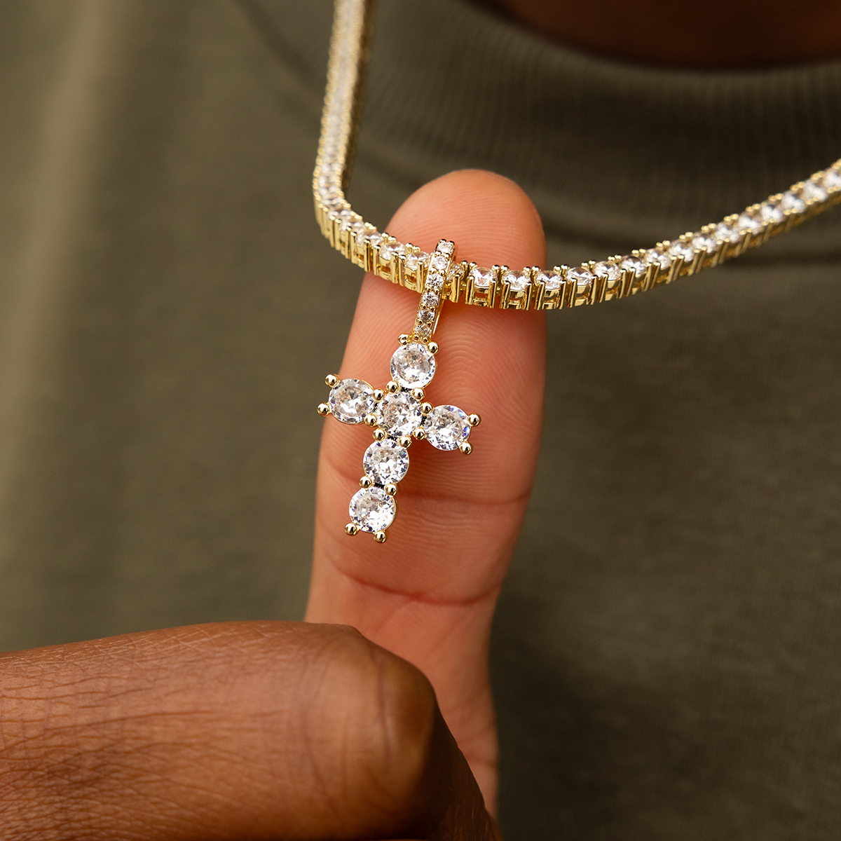 Iced Micro Round Cross in Yellow Gold