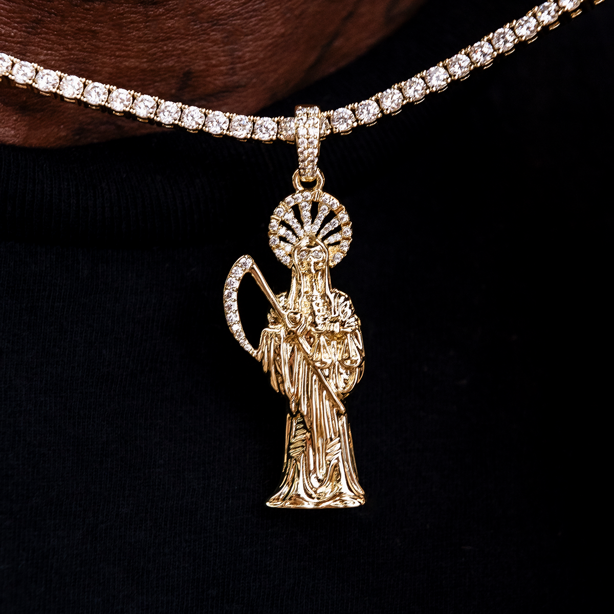 Iced Grim Reaper Pendant in Yellow Gold