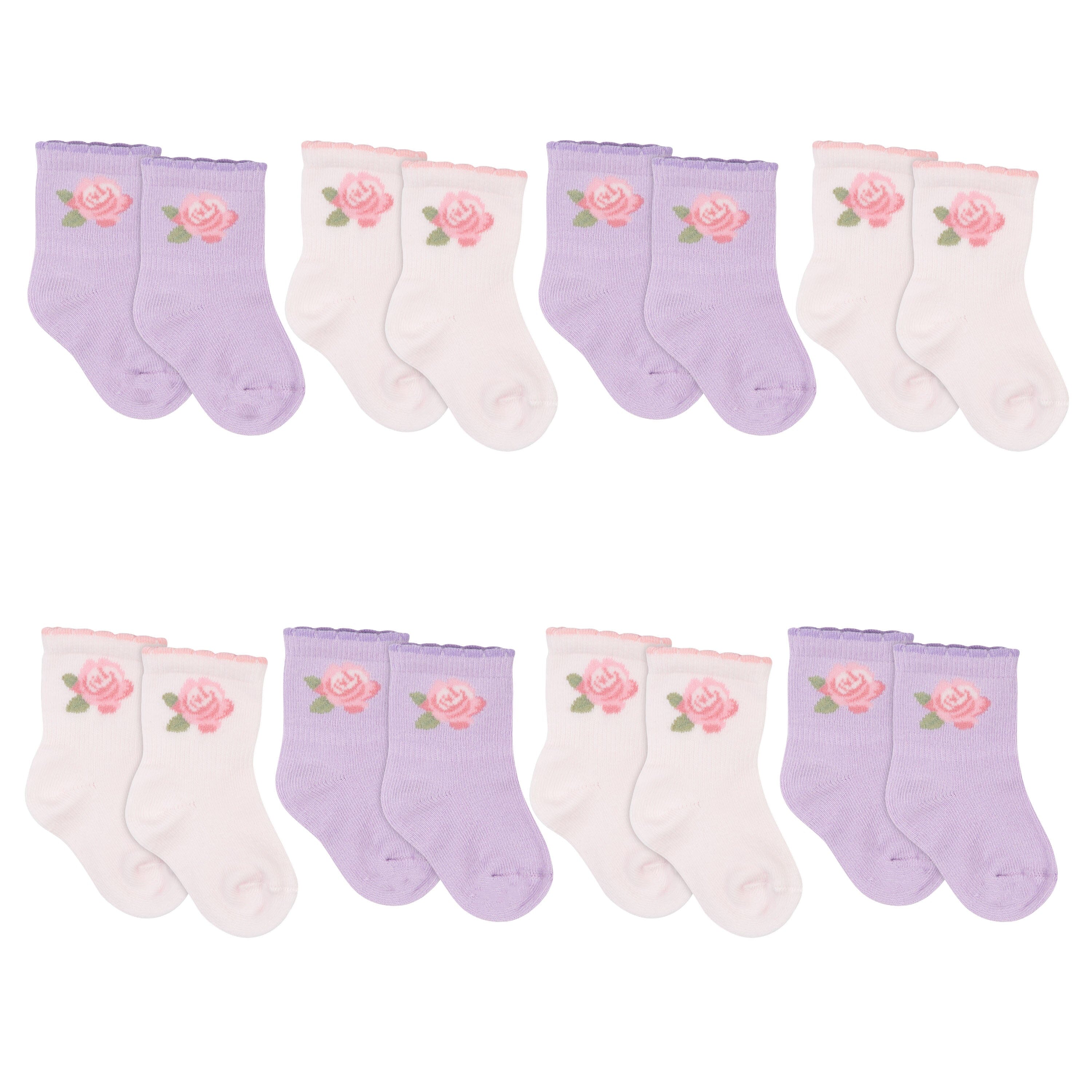 8-Pack Baby Girls Pink & Lilac Roses Wiggle-Proof Socks