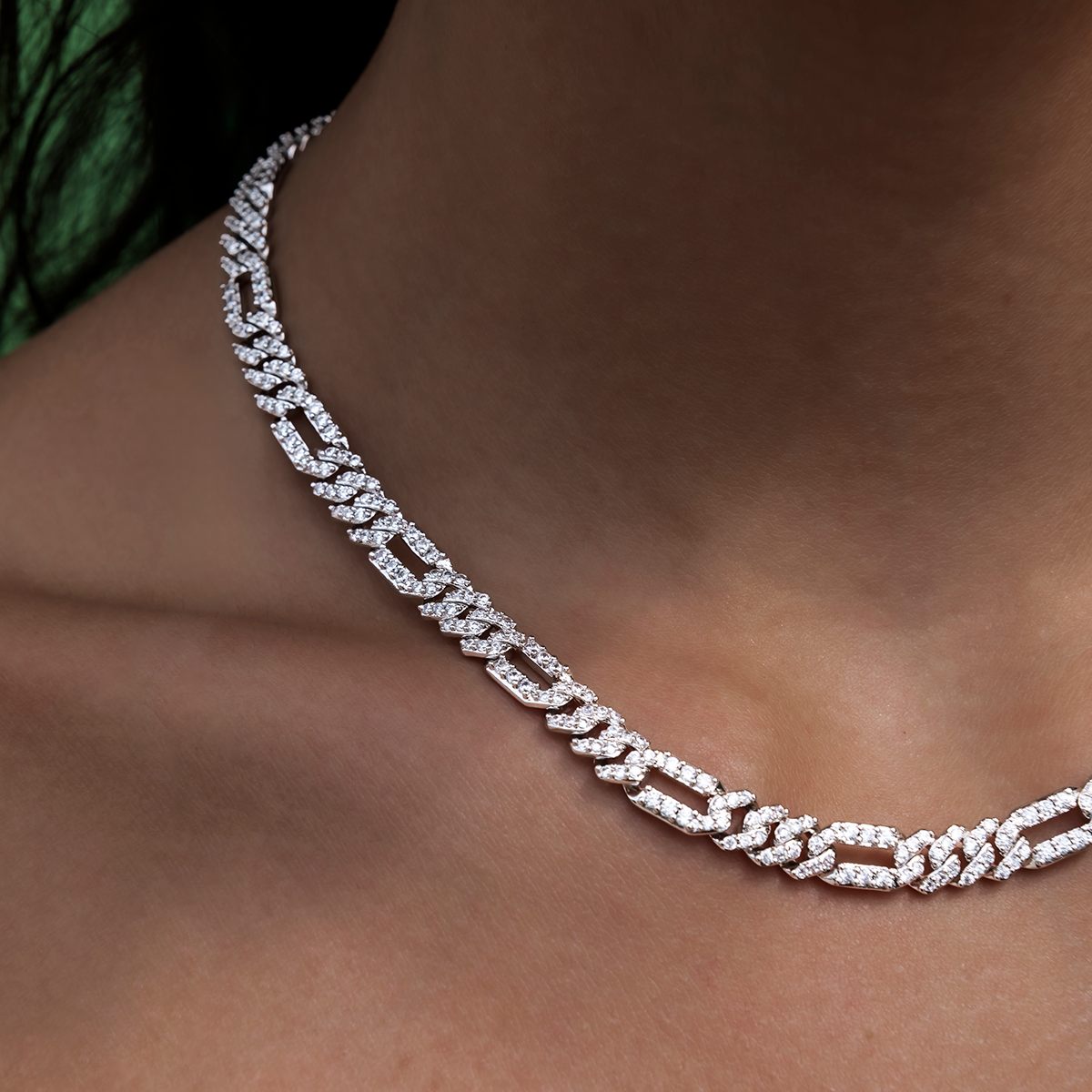 Diamond Figaro Necklace in White Gold- 6mm