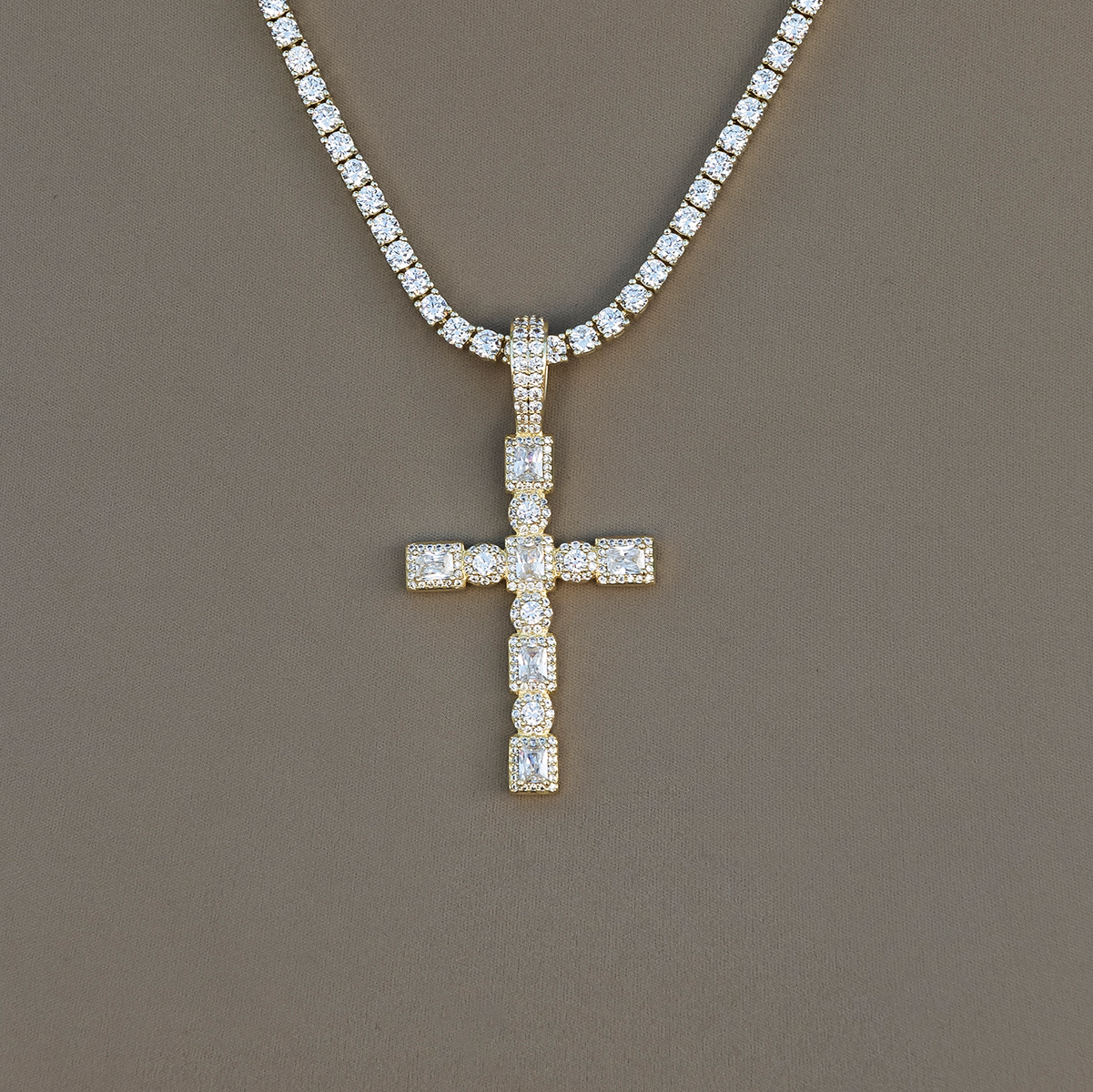 Diamond Pave Cushion Circle Cross Pendant in Yellow Gold