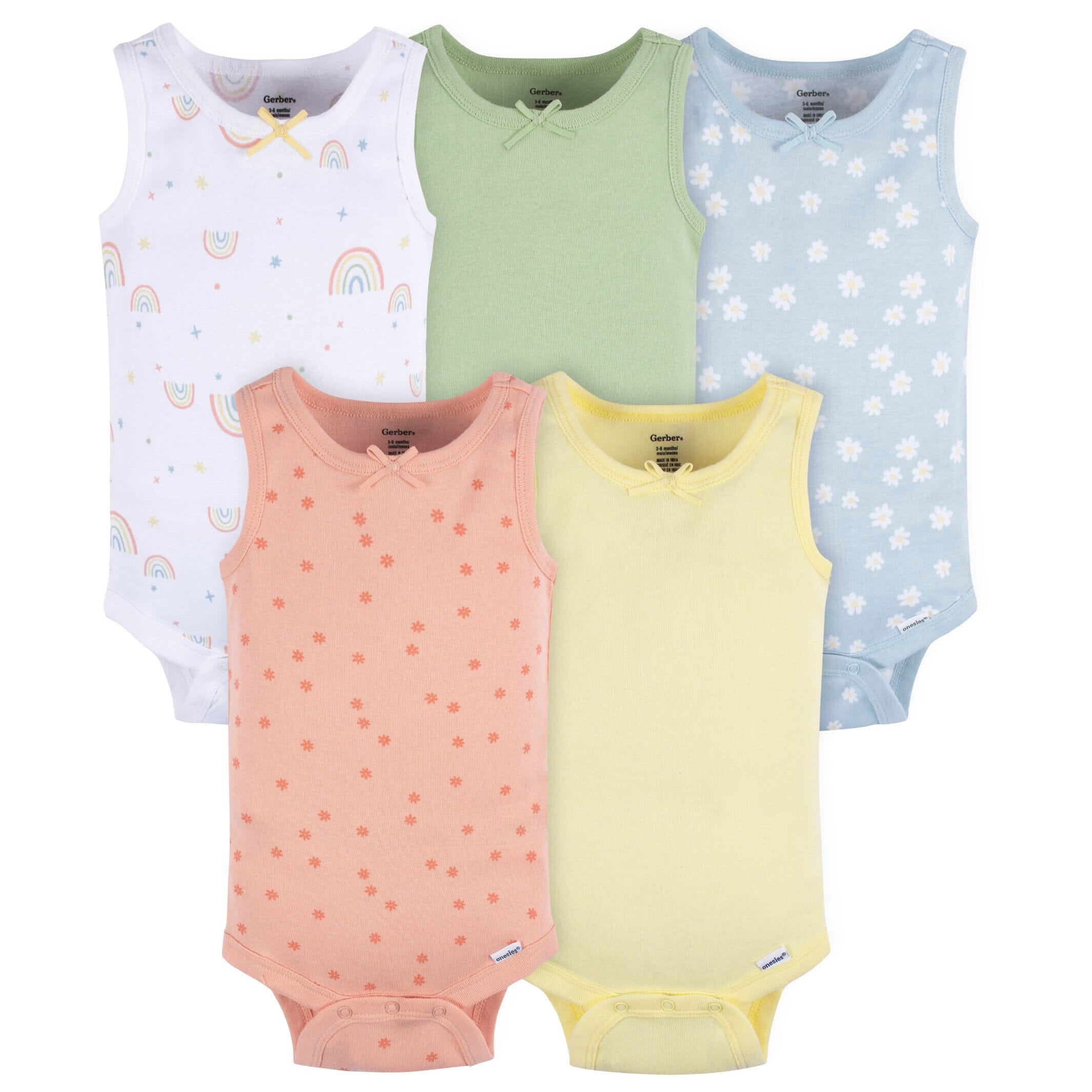 5-Pack Baby Girls Flowers & Rainbows Sleeveless Onesies Bodysuits