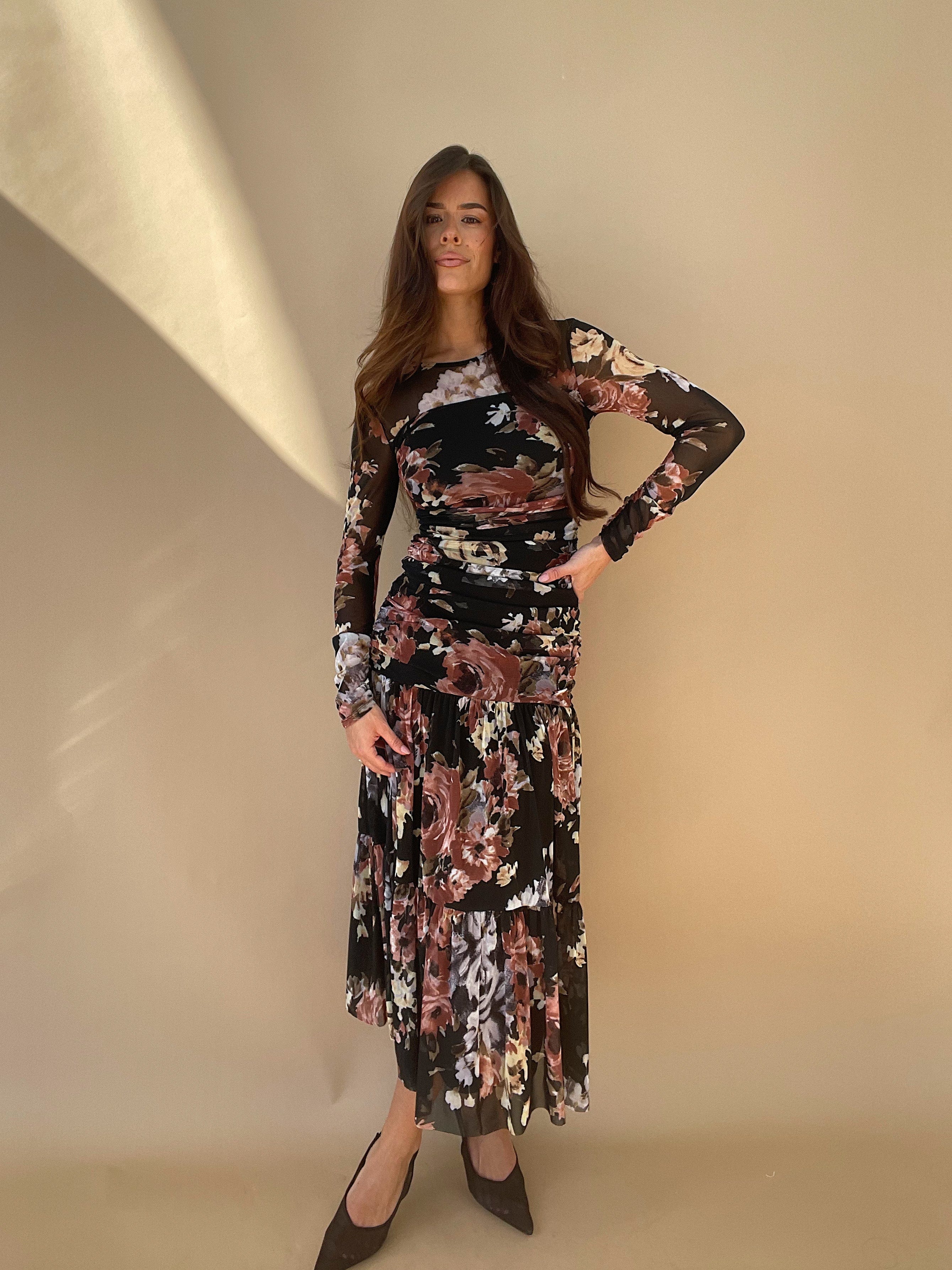 Mesh Floral Gathered Maxi Dress