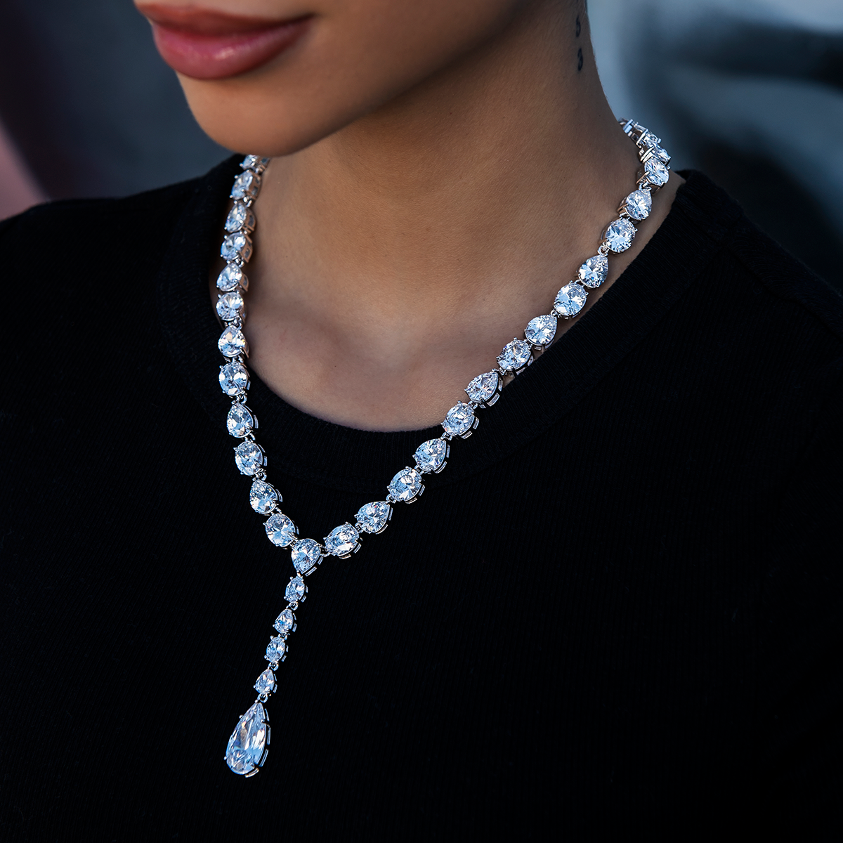 Diamond Teardrop Lariat Necklace in White Gold