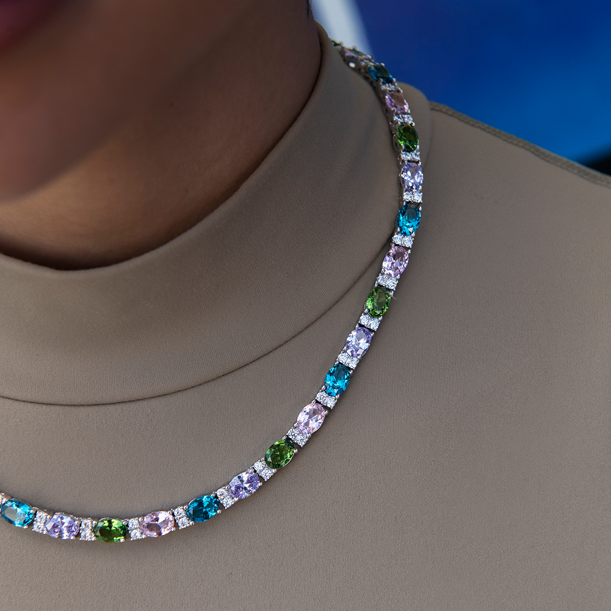 Multicolor Mixed Oval Cut Tennis Royal Stones Necklace- 5mm