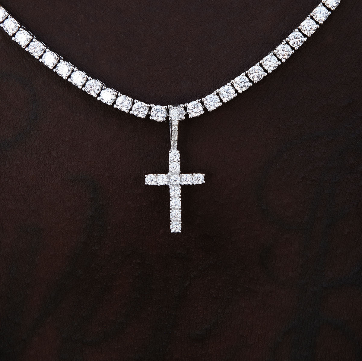 Moissanite Diamond Cross Micro Pendant in White Gold Vermeil