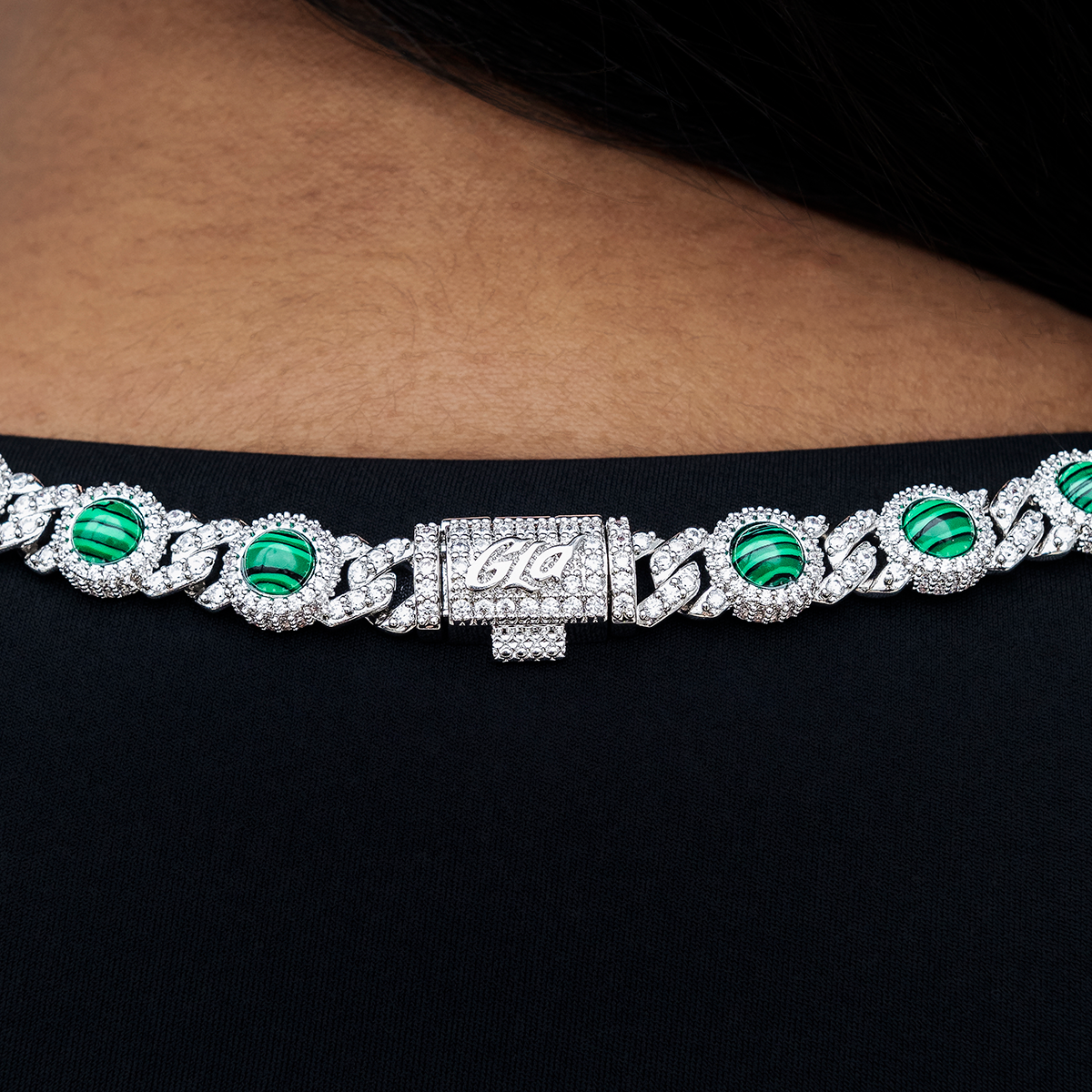 10mm Iced Halo Cuban Necklace with Malachite in White Gold