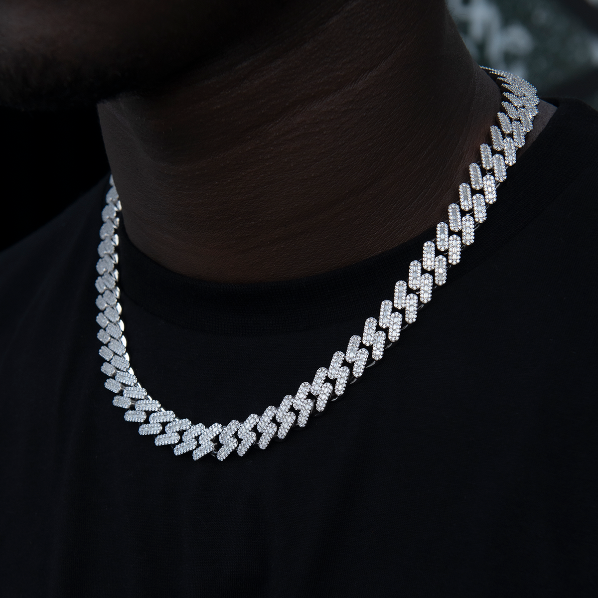 Diamond Baguette Cuban Chain in White Gold- 12mm