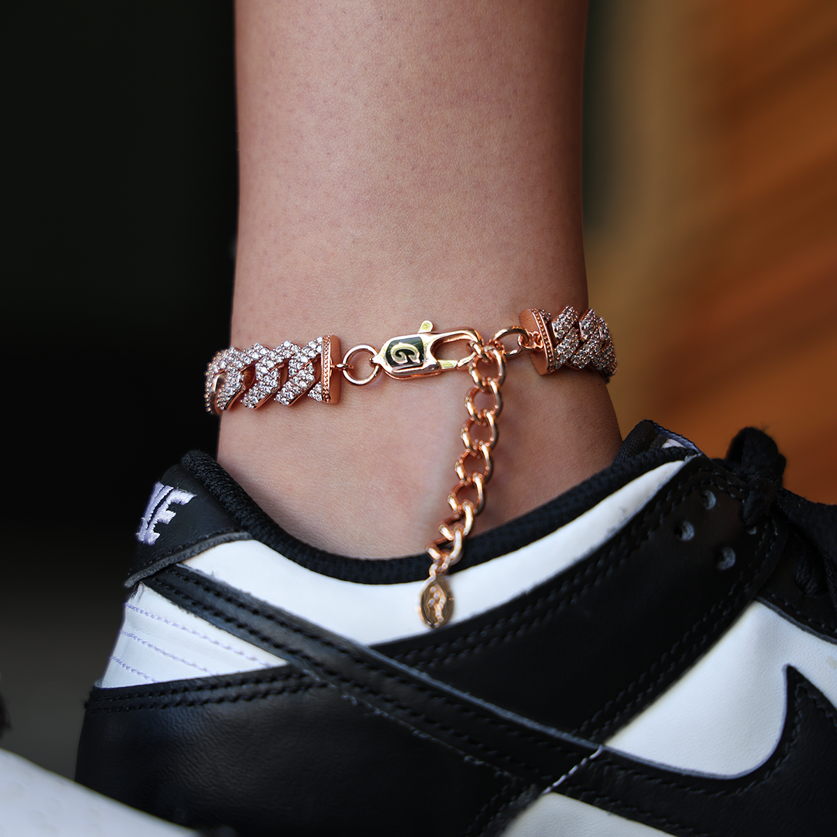 Diamond Prong Cuban Anklet in Rose Gold- 12mm