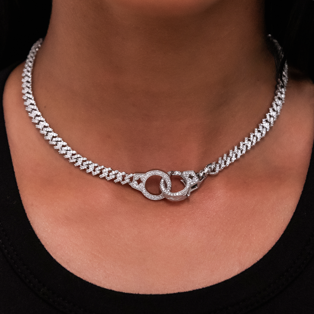 Iced Handcuff Diamond Prong Cuban Necklace in White Gold