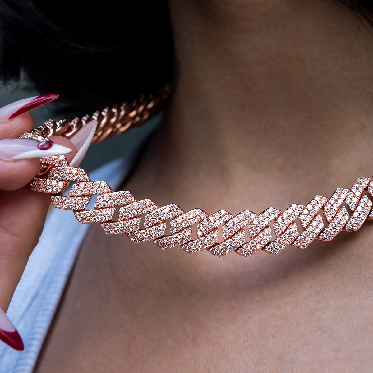 Diamond Prong Link Necklace in Rose Gold- 12mm